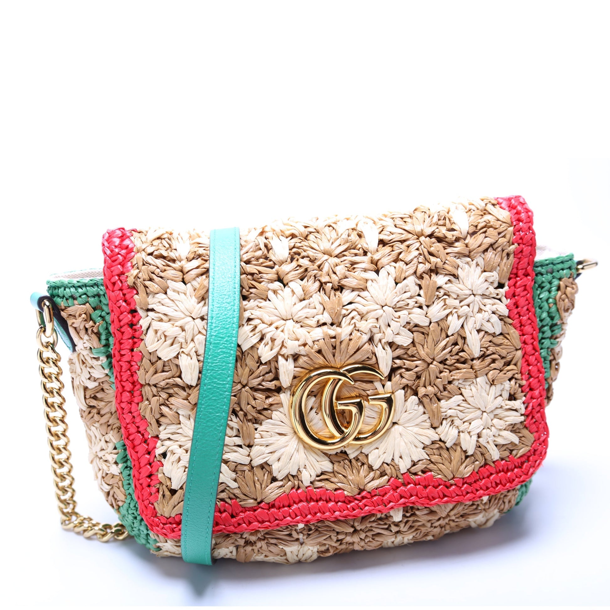 Gucci GG Marmont Raffia Small Flap Travel Bag