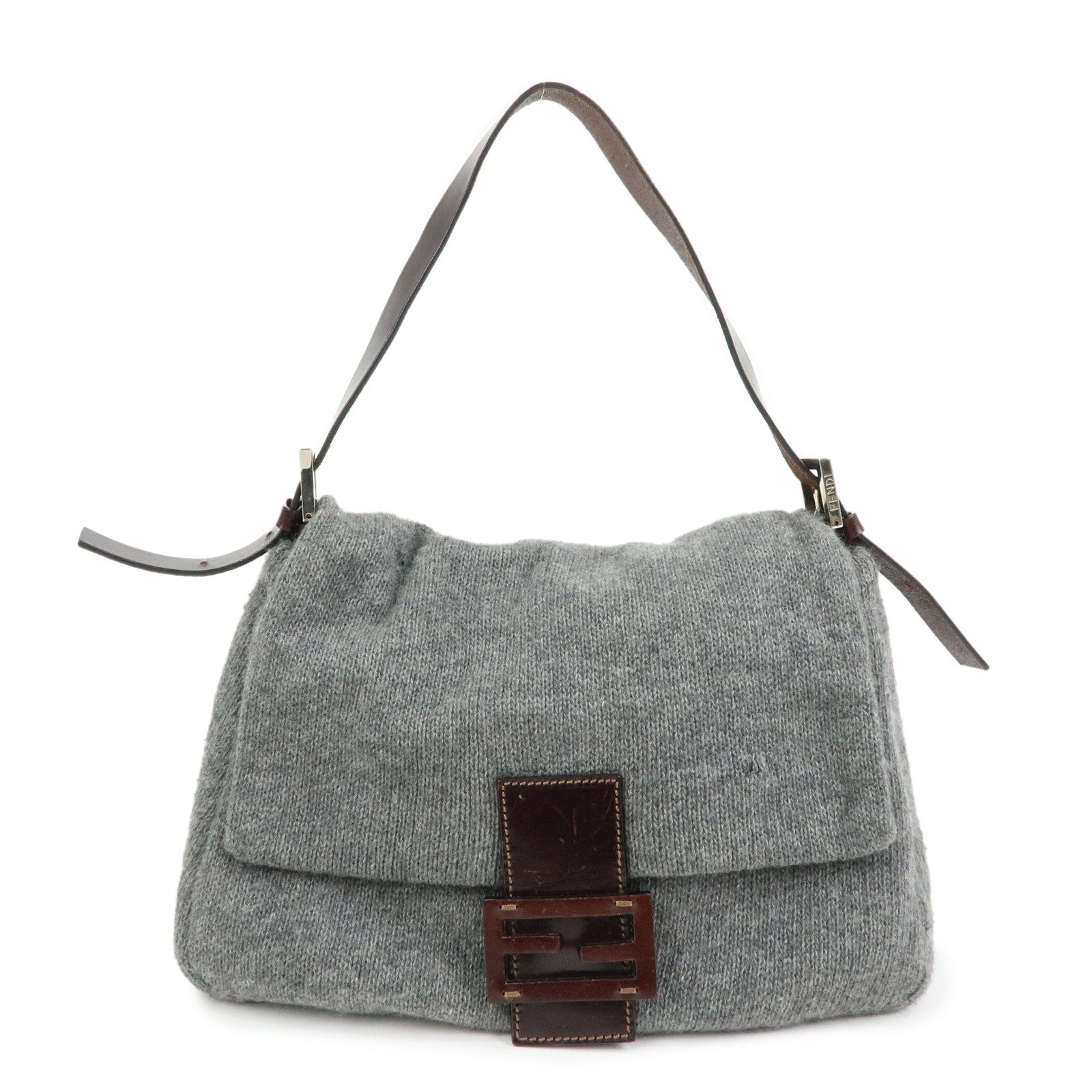 Shoulder Bag Mamma Baguette Wool Grey Leather Brown Gray