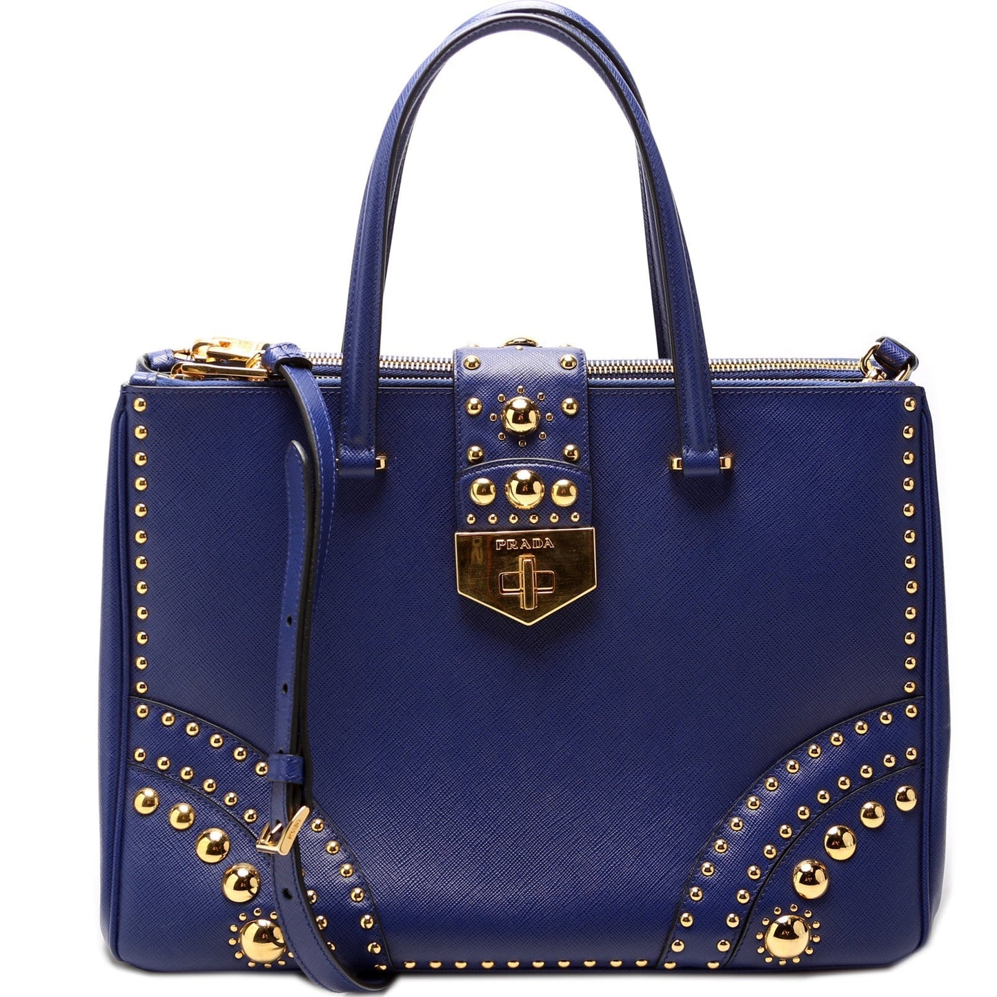 Prada Saffiano Turnlock Studded Double Zip Bag Medium Travel Bag