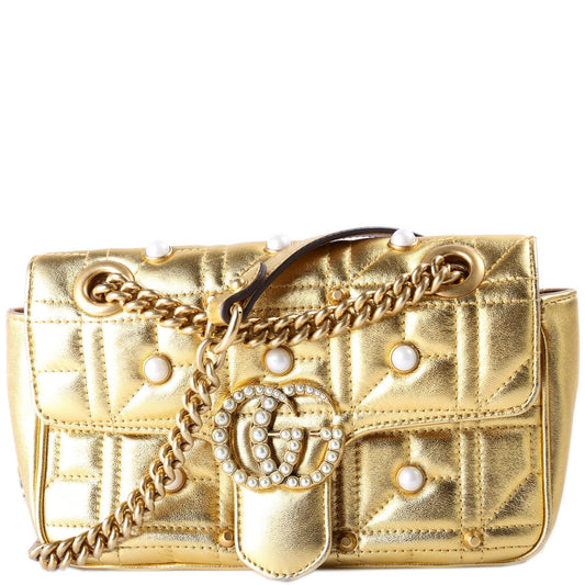 Gucci Marmont Pearl Stud Leather Mini Flap Shoulder Bag