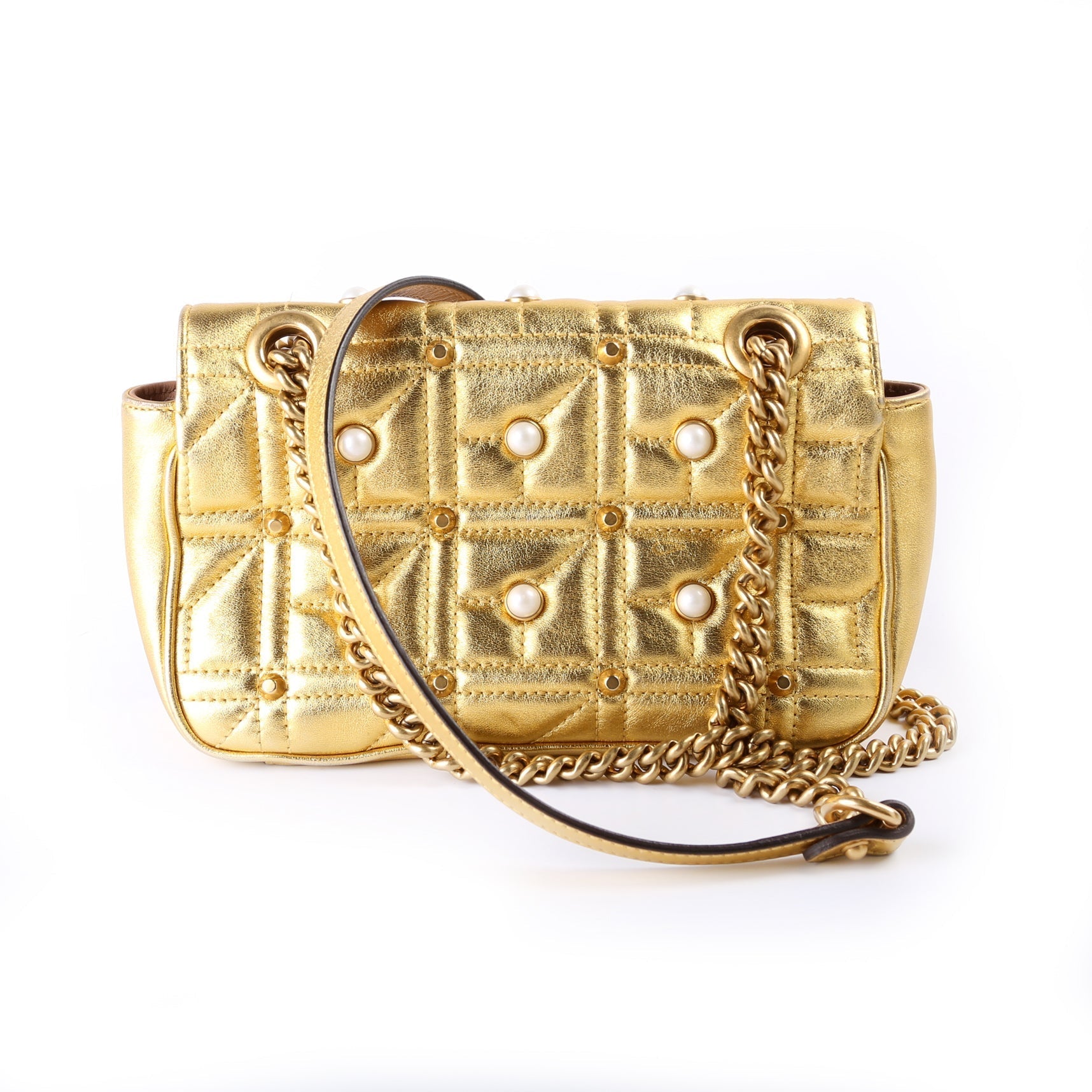 Gucci Marmont Pearl Stud Leather Mini Flap Shoulder Bag