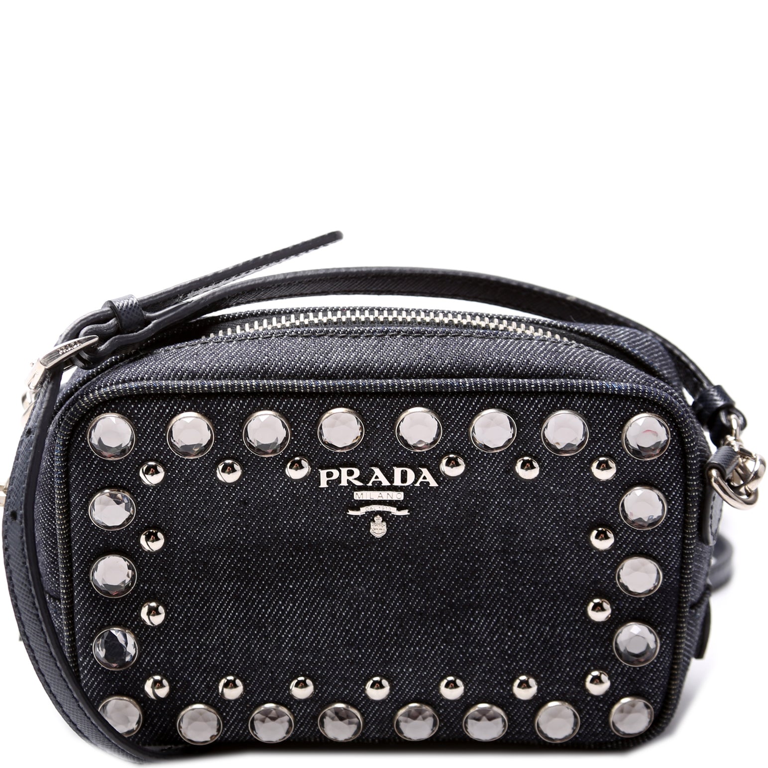 Prada Studded Embellished Camera Bag Denim Mini Travel Bag