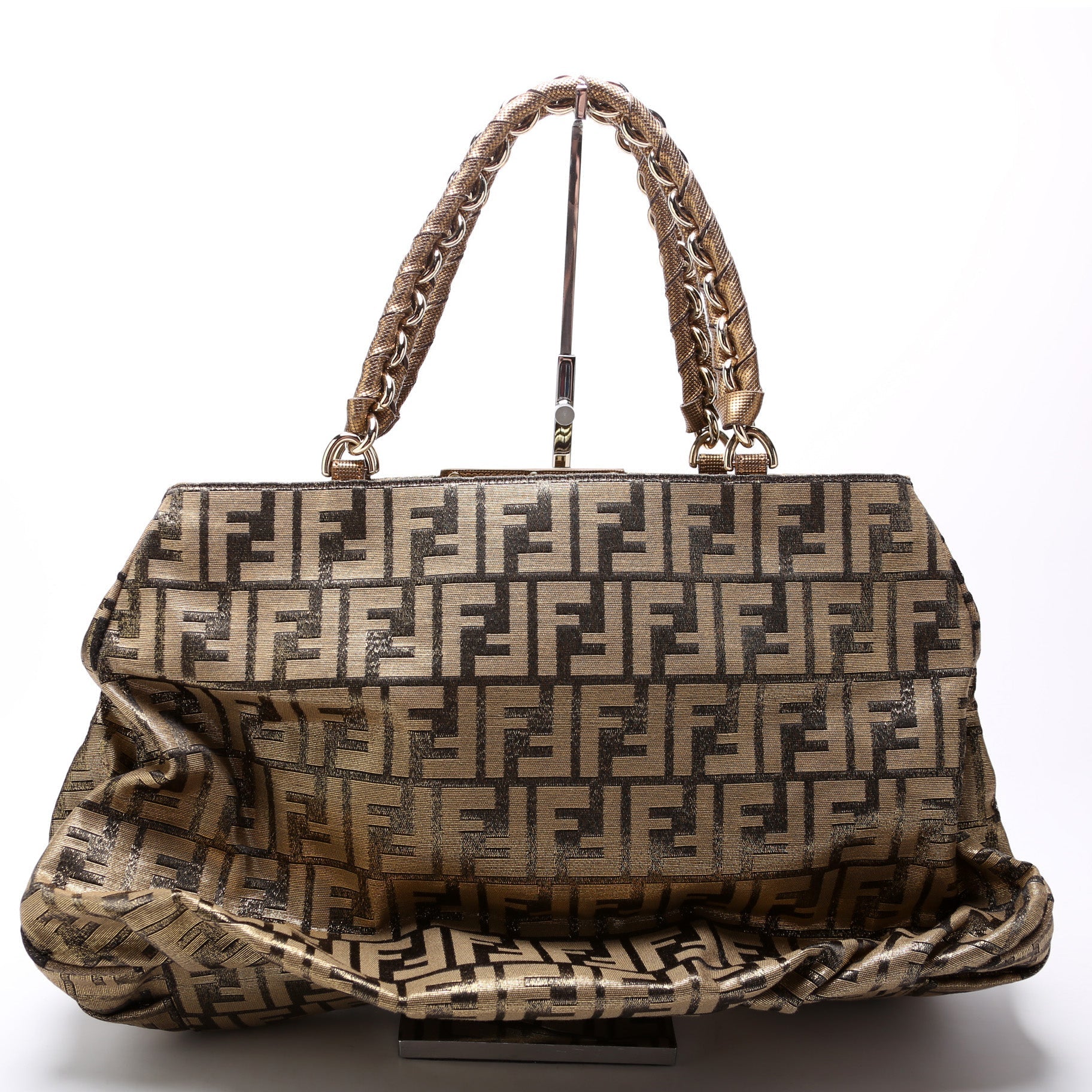 Fendi Mia Tote Metallic Zucca Bag Canvas Large Tote Bag