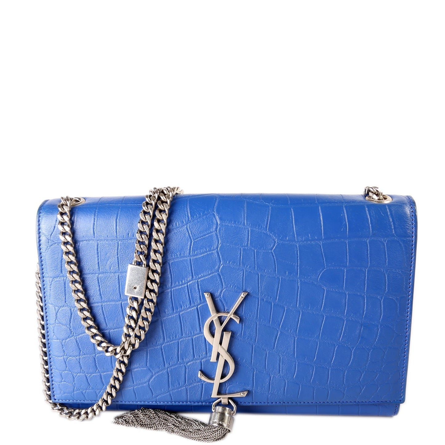 YSL Saint Laurent Kate Tassel Satchel Croc Embossed Bag Blue Medium Travel Bag