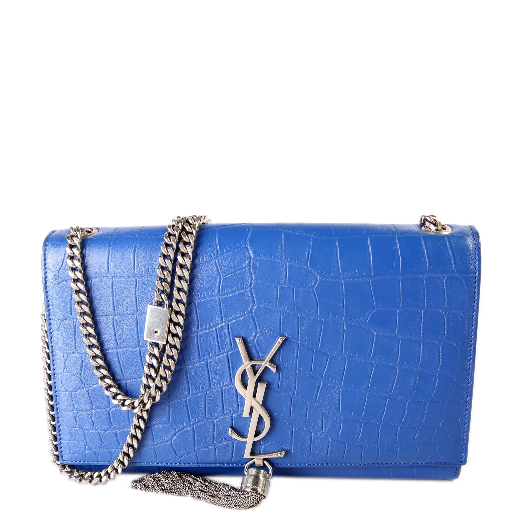 YSL Saint Laurent Kate Tassel Satchel Croc Embossed Bag Blue Medium Travel Bag