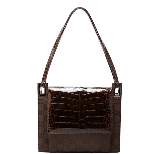 Gucci 001- GG Embossed Nylon Croc Brown Flap Shoulder Bag