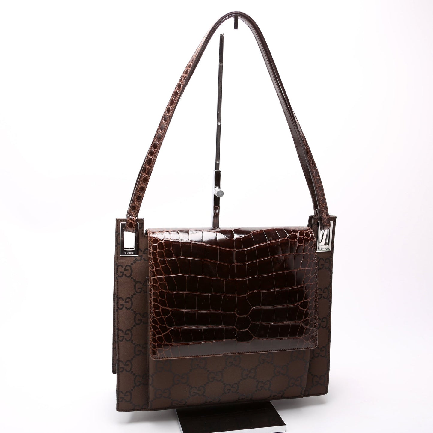 Gucci 001- GG Embossed Nylon Croc Brown Flap Shoulder Bag