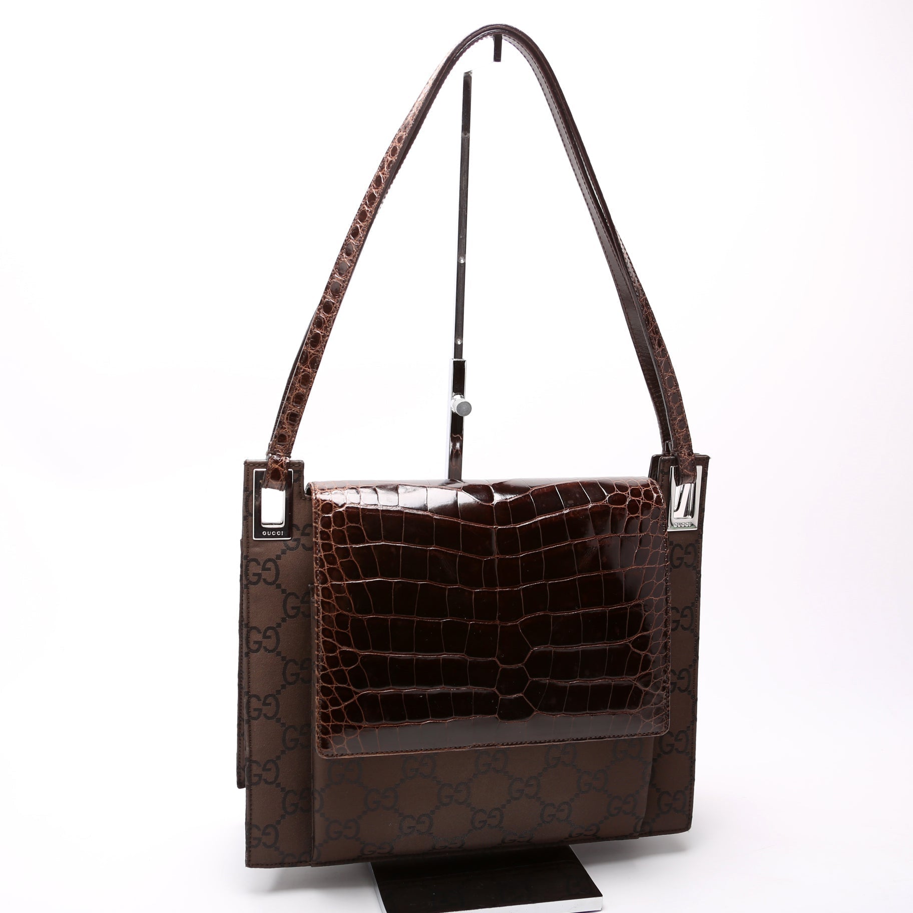Gucci 001- GG Embossed Nylon Croc Brown Flap Shoulder Bag