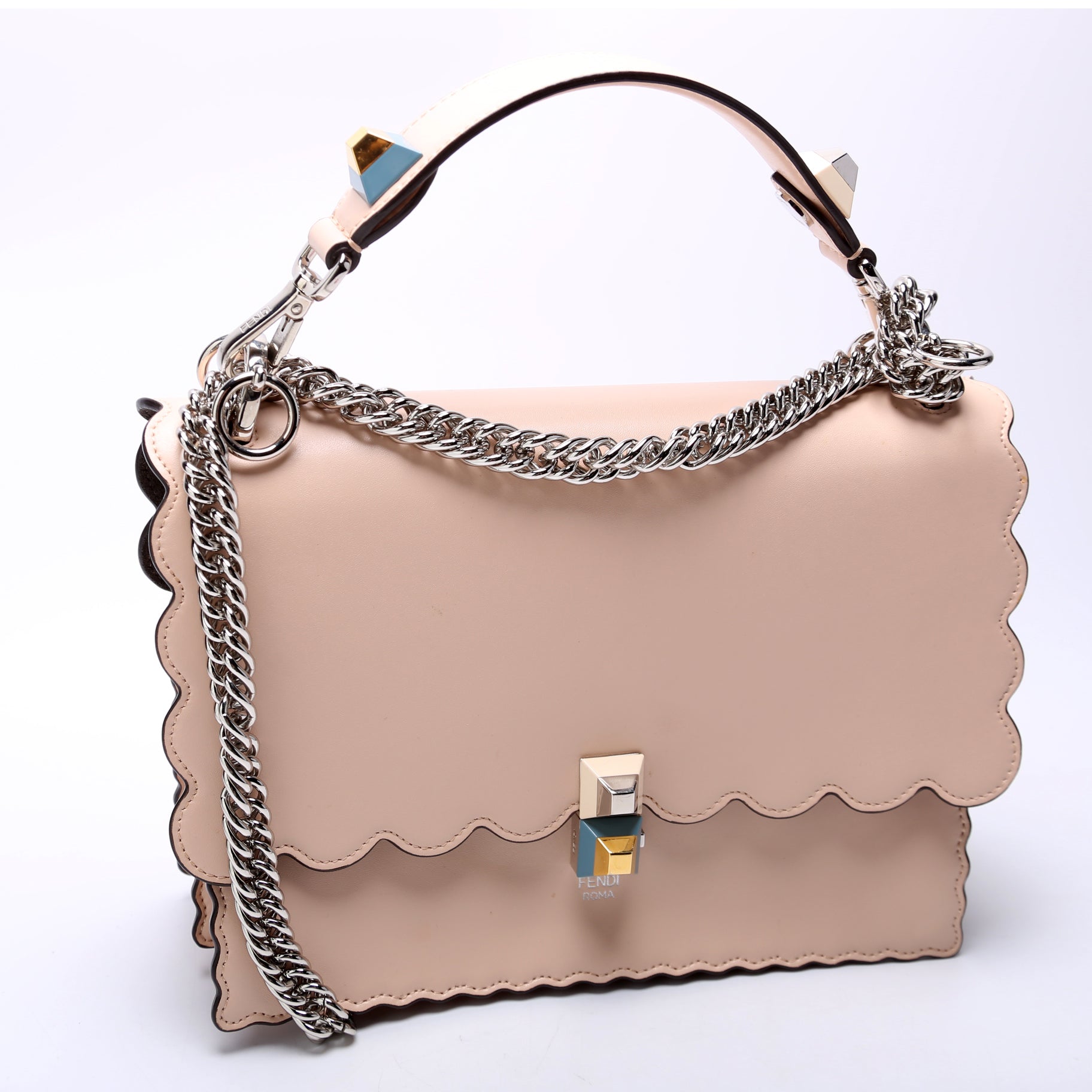 Fendi Kan Scalloped Studded Shoulder Nude Bag Leather Shoulder Bag