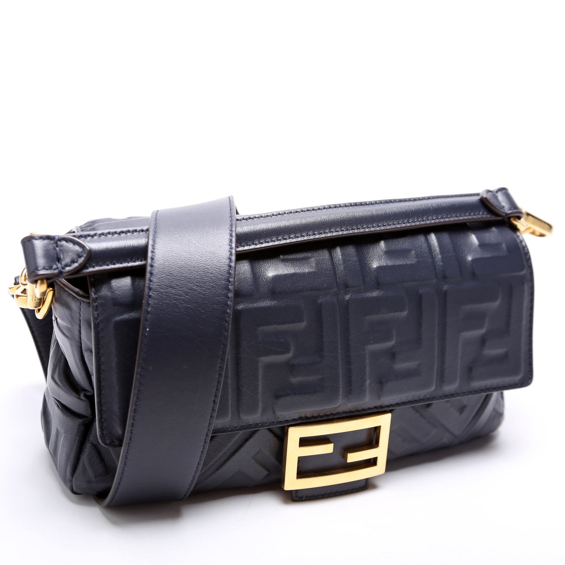Fendi Baguette Ff Nappa Bag Navy Embossed Shoulder Bag