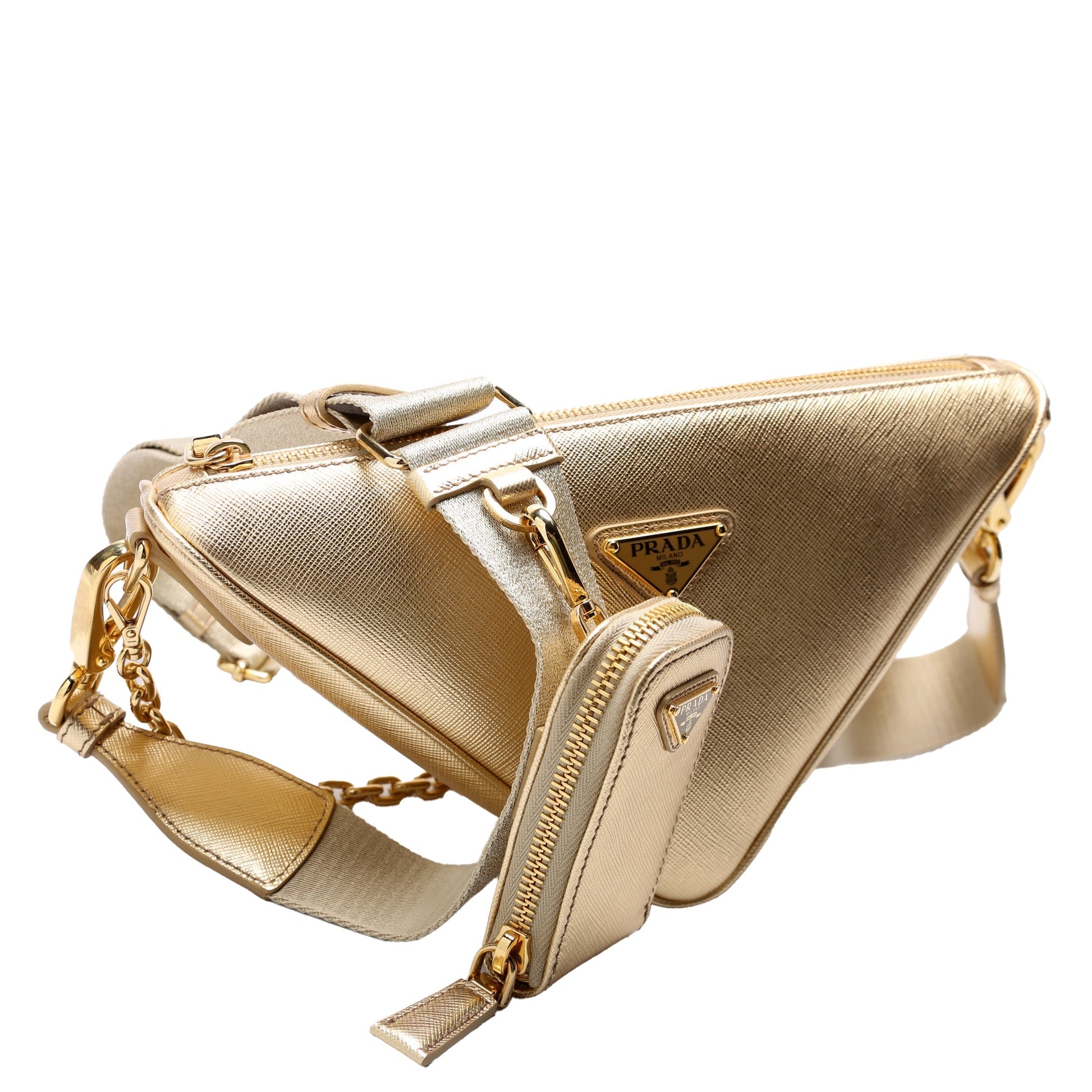 Prada Saffiano Triangle Bag Gold Mini Travel Bag