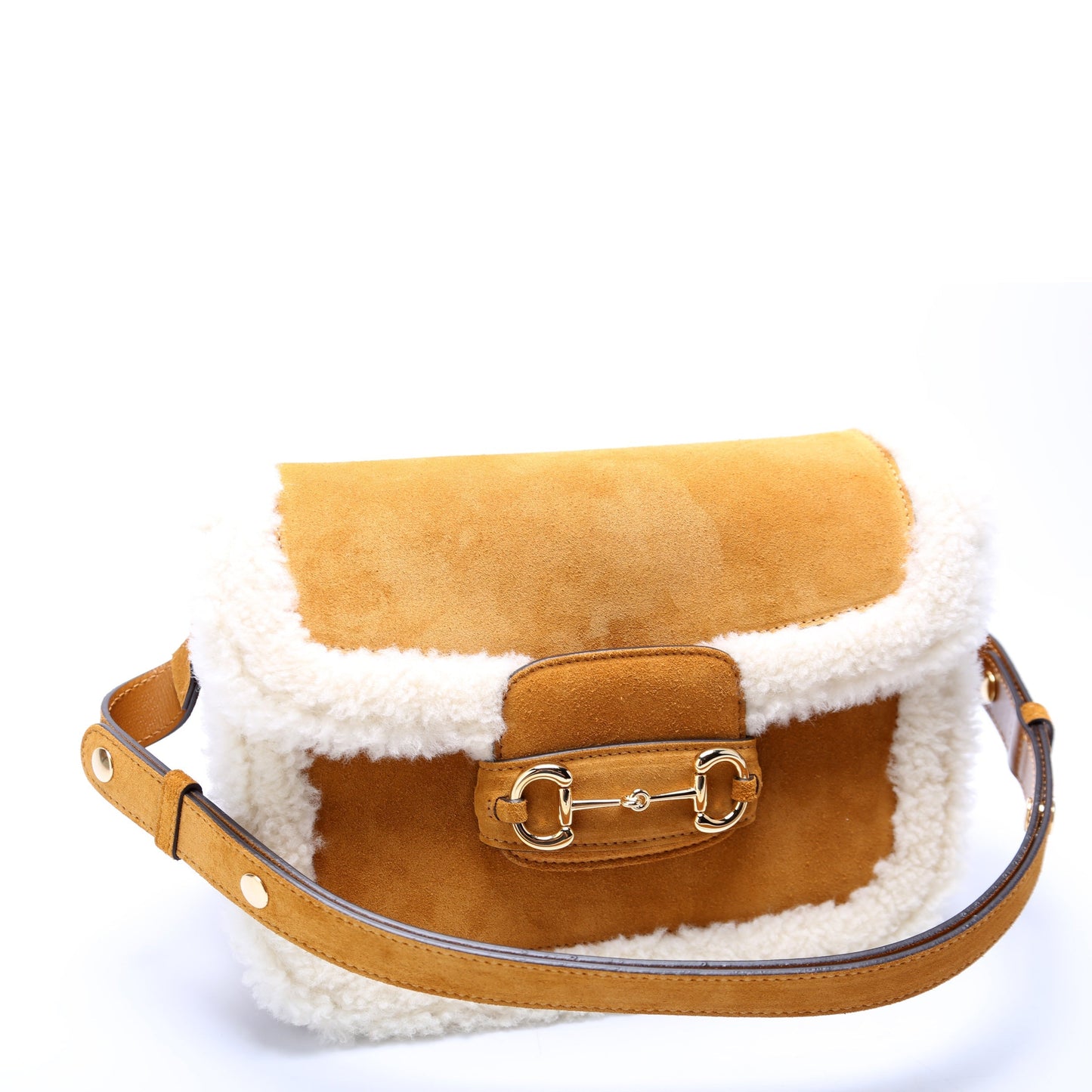 Gucci Horsebit Shearling Suede Shoulder Bag
