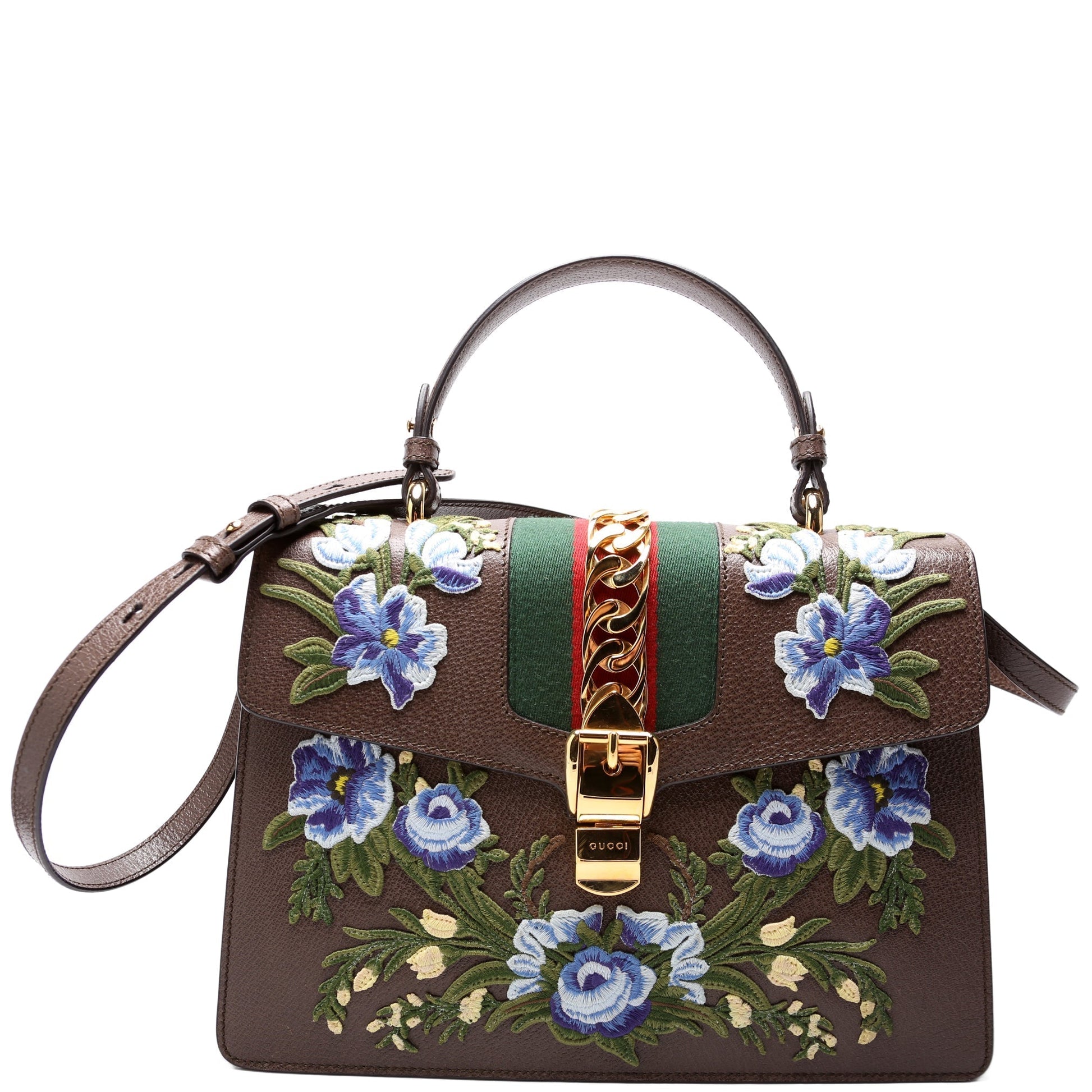Gucci Sylvie Embroidered Calfskin Brown Medium Top Handle Handbag