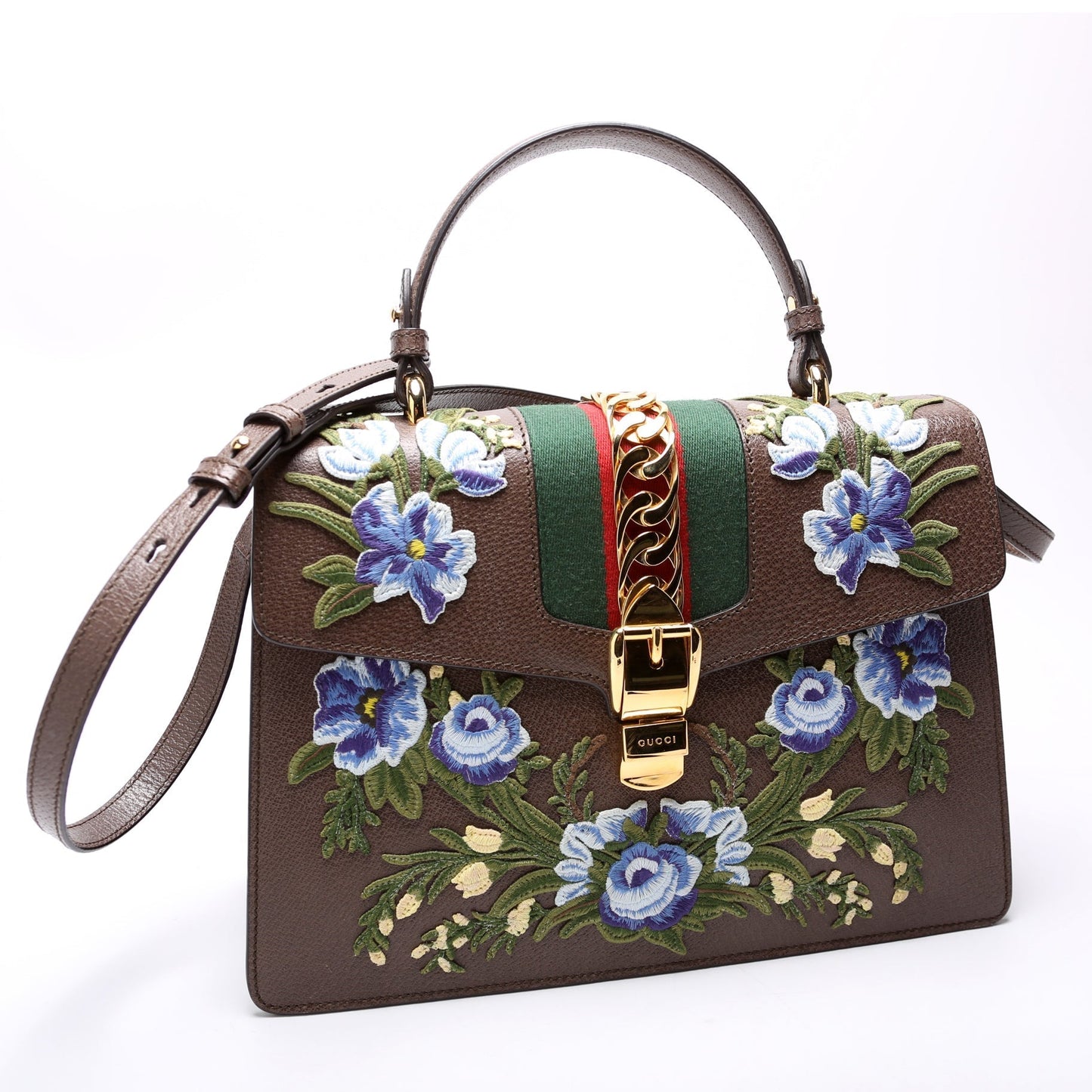 Gucci Sylvie Embroidered Calfskin Brown Medium Top Handle Handbag
