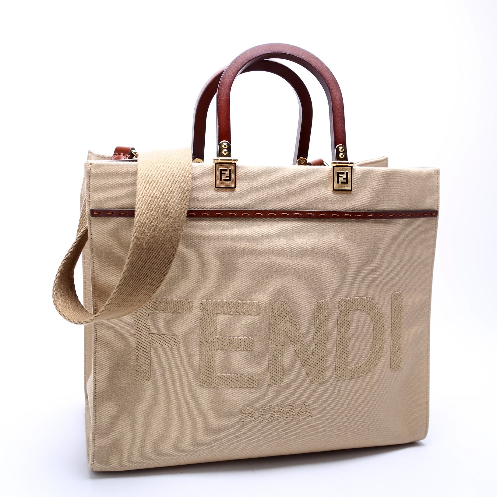 Fendi 8Bh386 Sunshine Shopper Bag Canvas Tan Medium Travel Bag