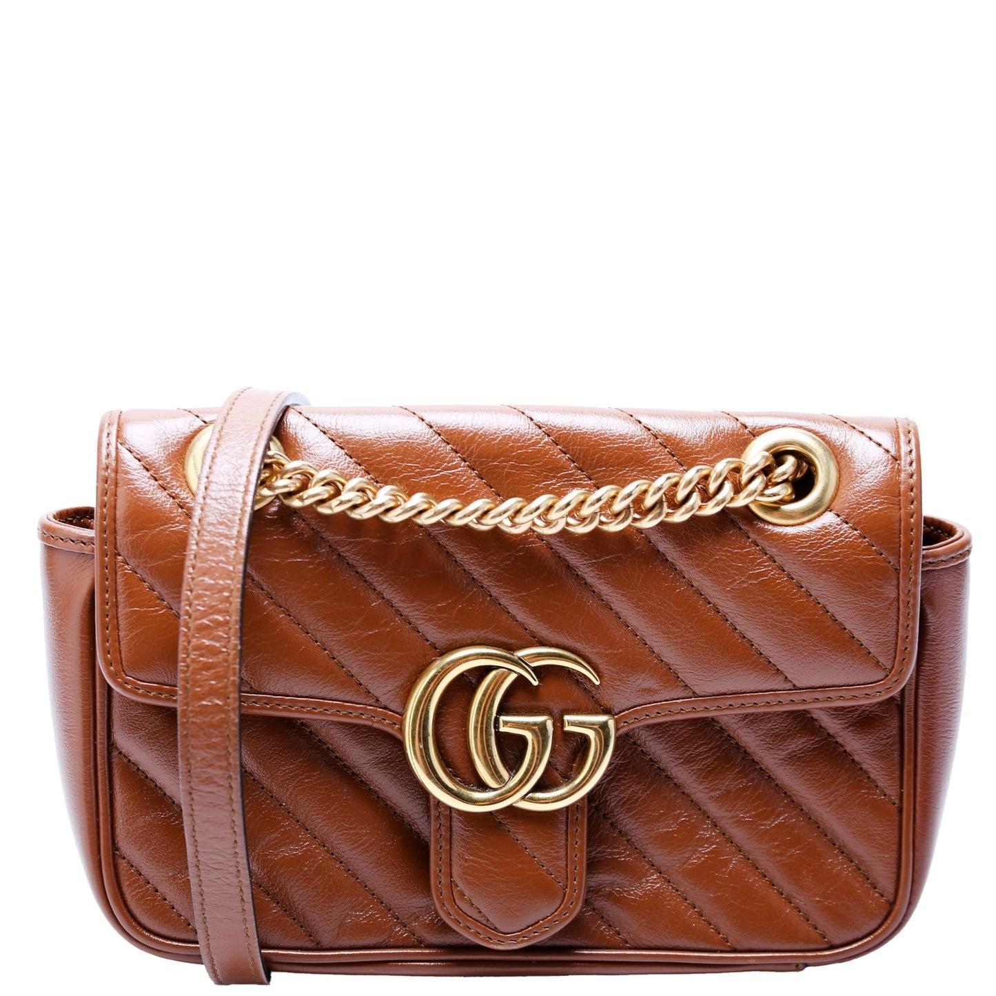 Gucci Marmont Diag Leather Brown Mini Flap Shoulder Bag