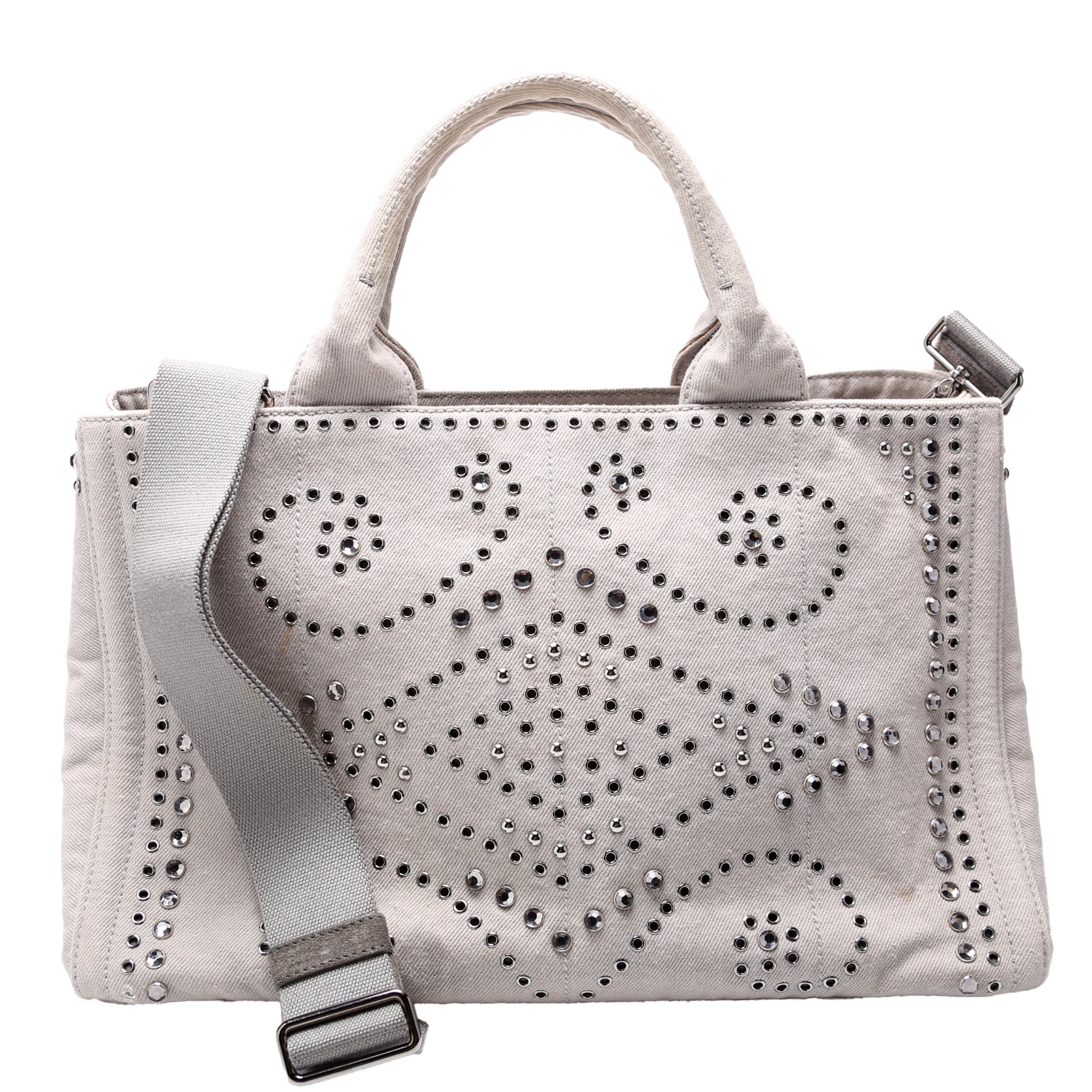 Prada Canapa Studded Tote Grey Bag Canvas Tote Bag