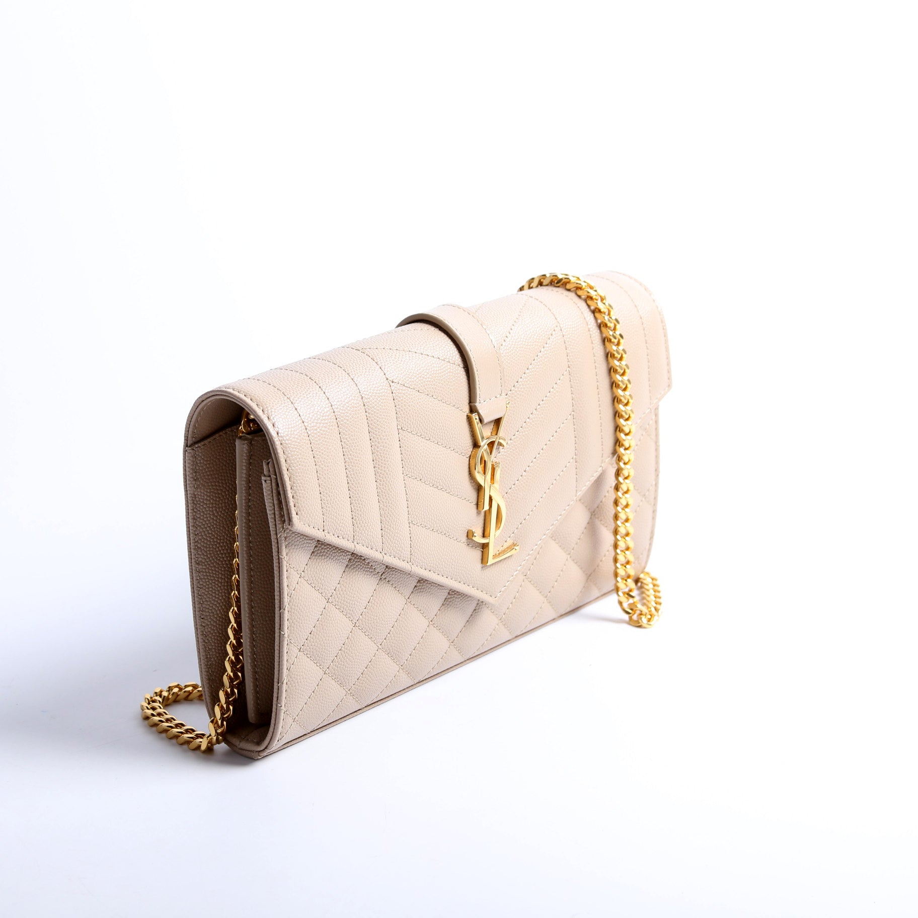 YSL Saint Laurent Saint Laurent Triquilt Grain De Poudre Wallet Tan Chain Travel Bag