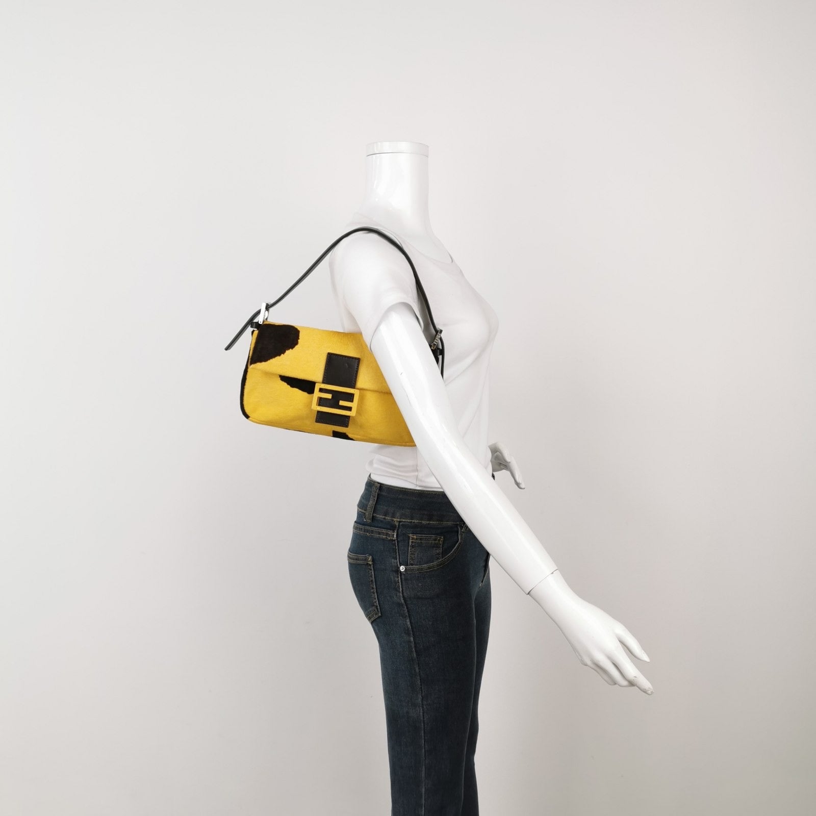 Fendi Baguette Pony Hair In Cow Print Handbag Yellow Shoulder Bag