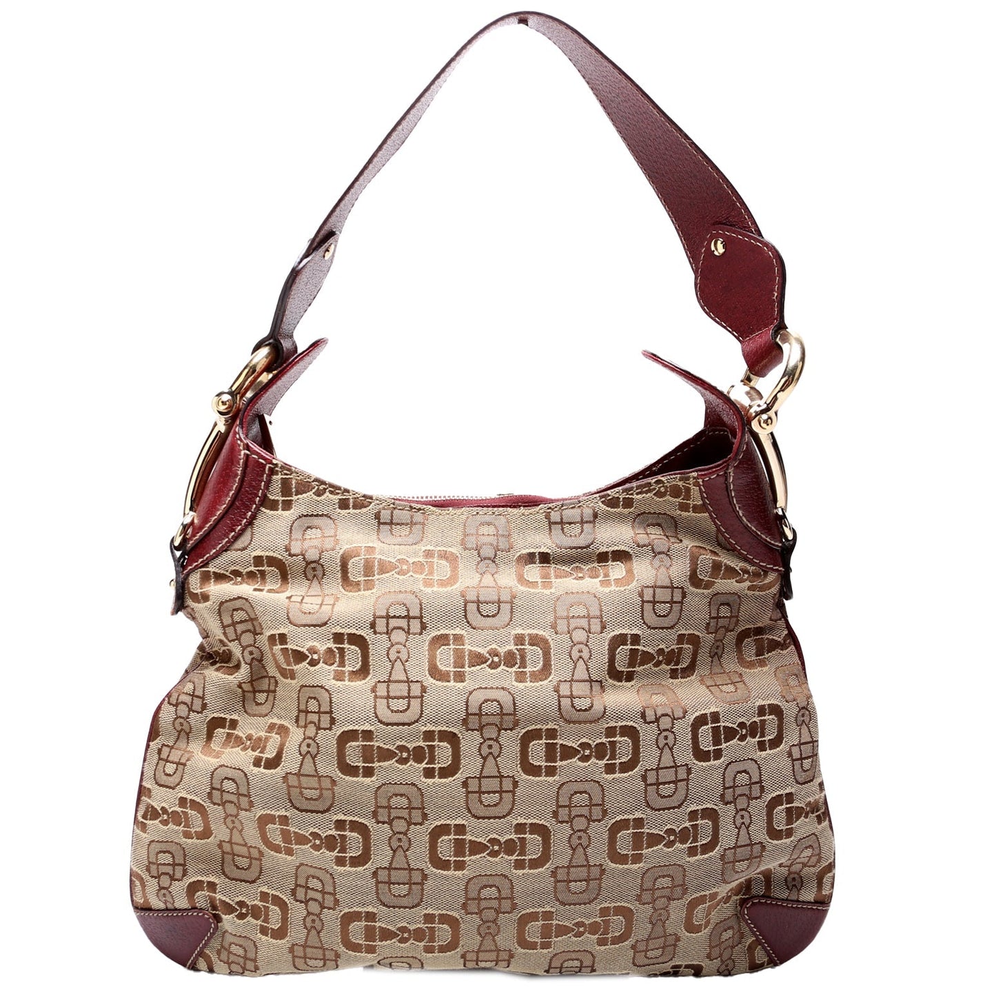 Gucci Horsebit Creole Burgundy Canvas Tan Hobo Bag