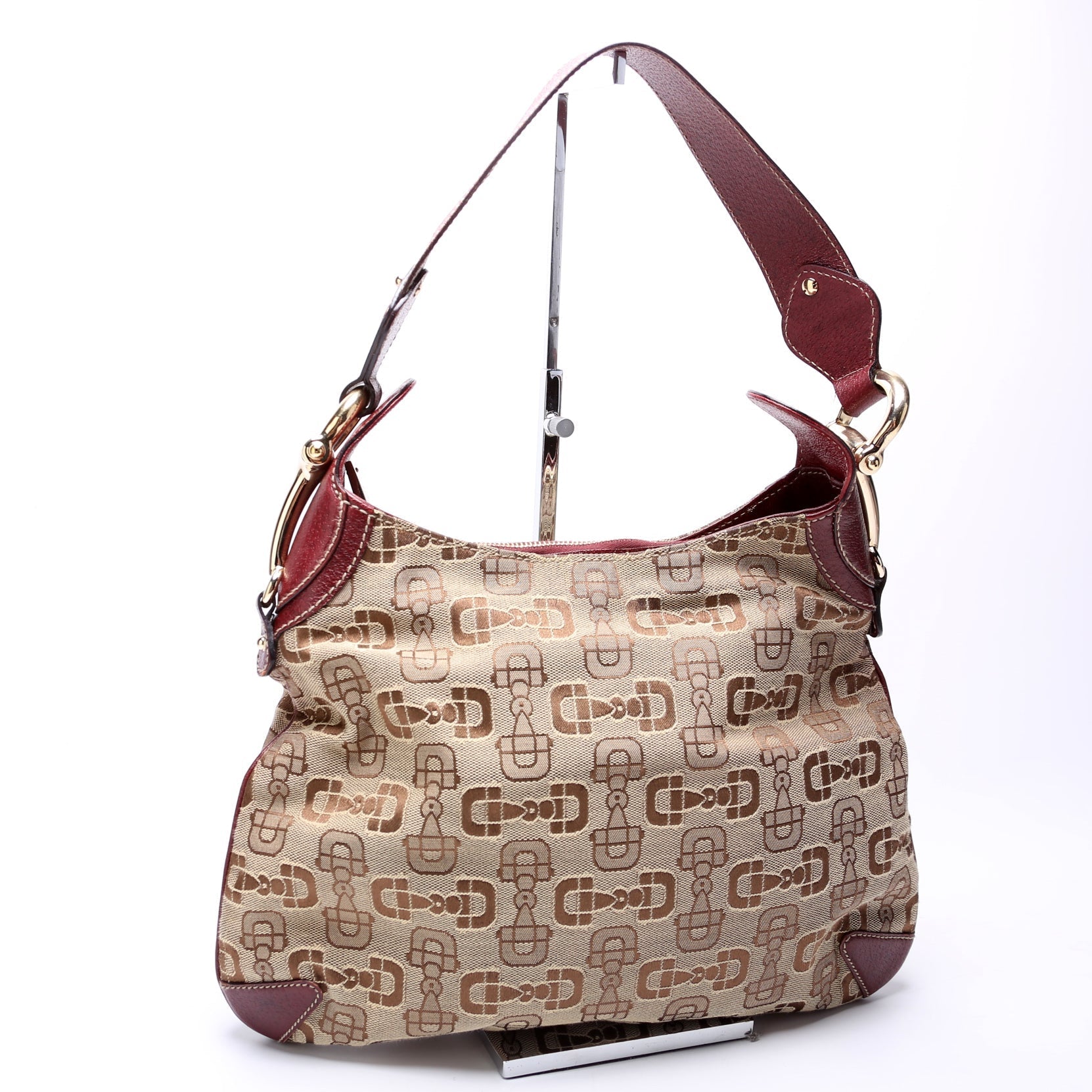 Gucci Horsebit Creole Burgundy Canvas Tan Hobo Bag