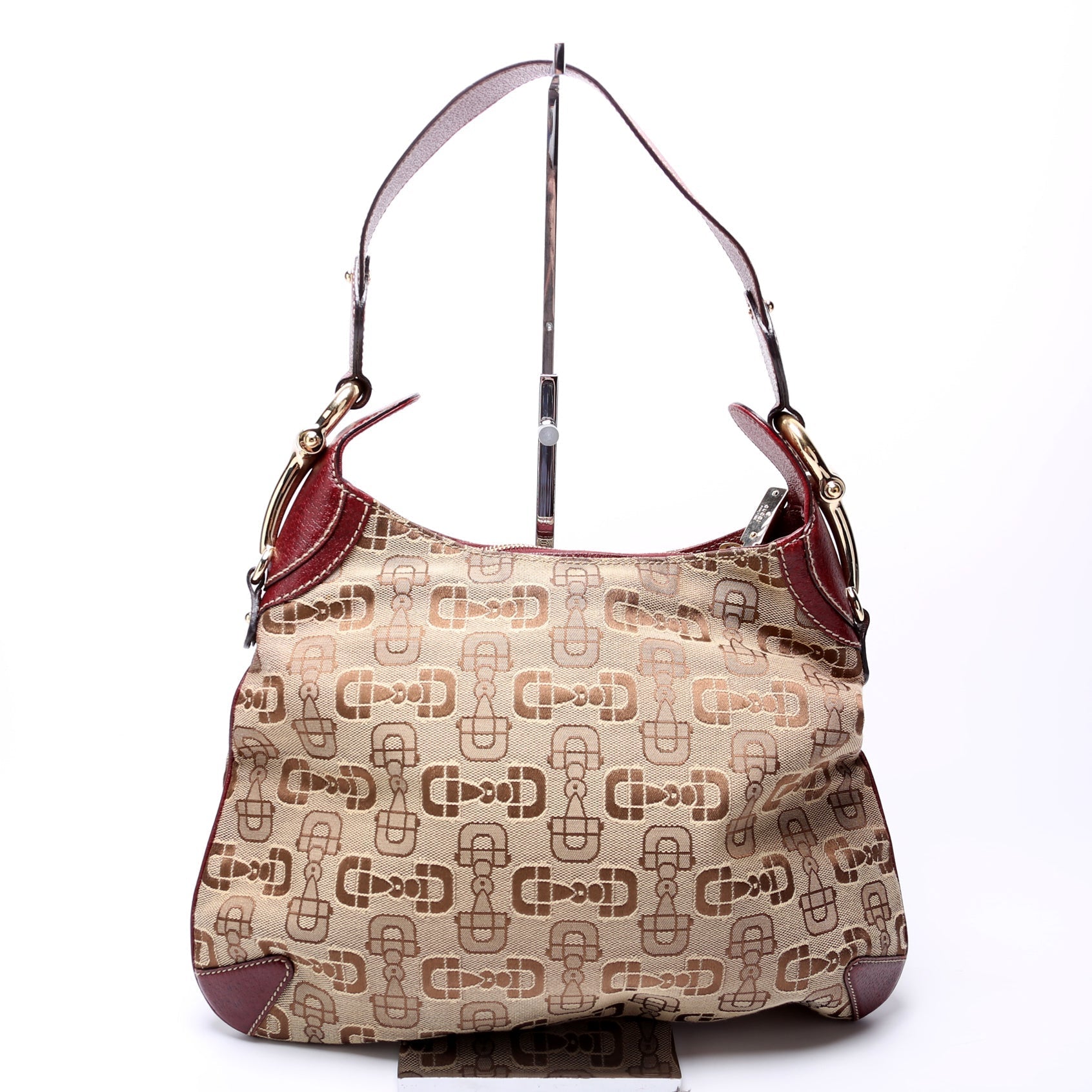 Gucci Horsebit Creole Burgundy Canvas Tan Hobo Bag