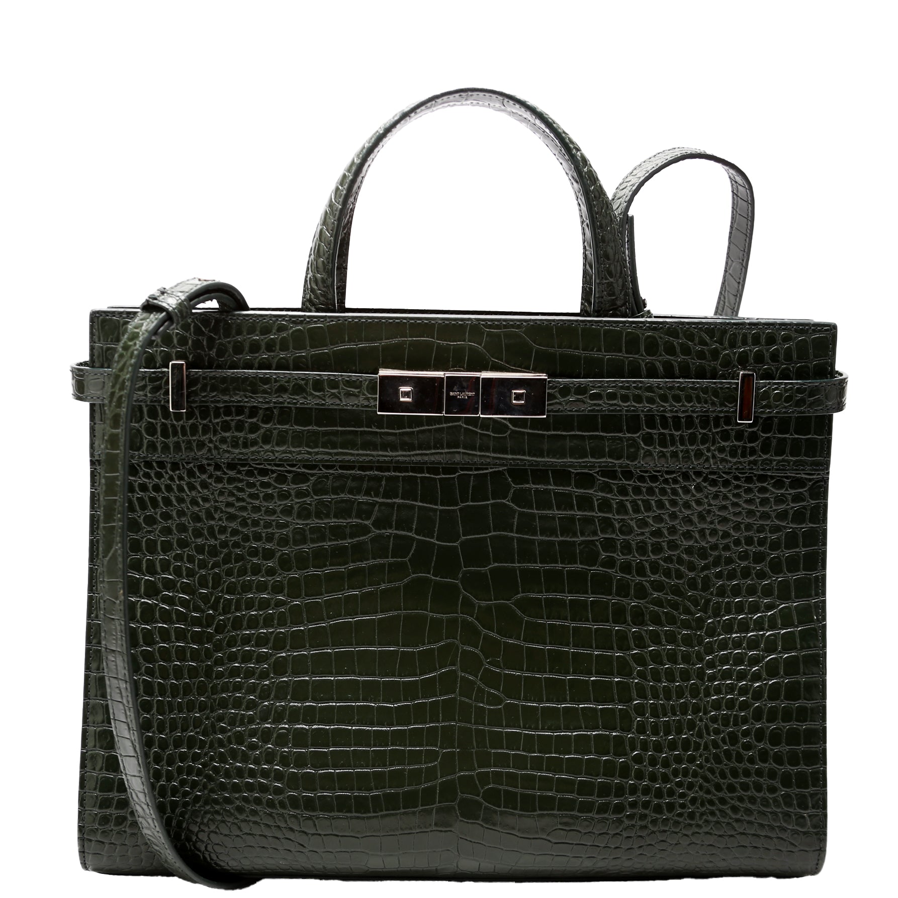 YSL Saint Laurent Saint Laurent Manhattan Shopper Tote Croc Embossed Green Tote Bag
