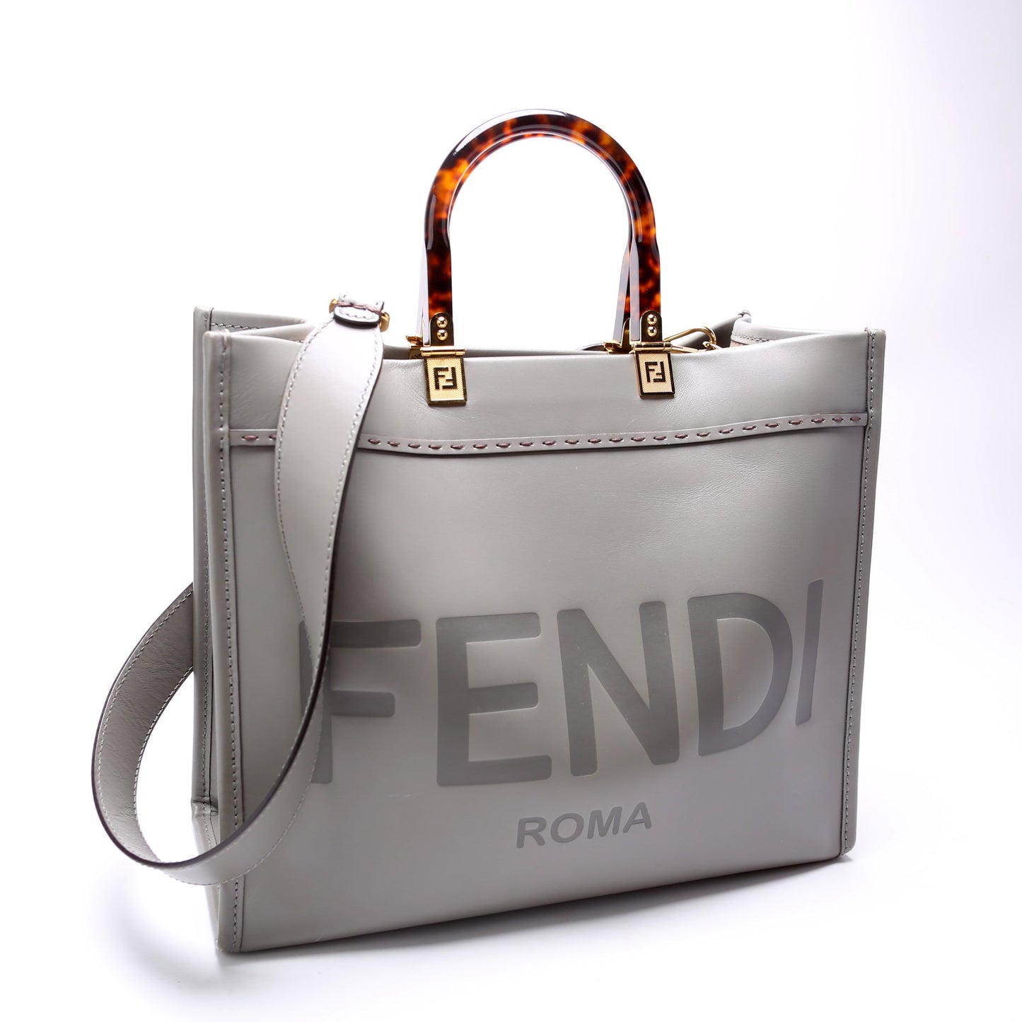 Fendi Sunshine Shopper Grey Bag Leather Gray Medium Travel Bag