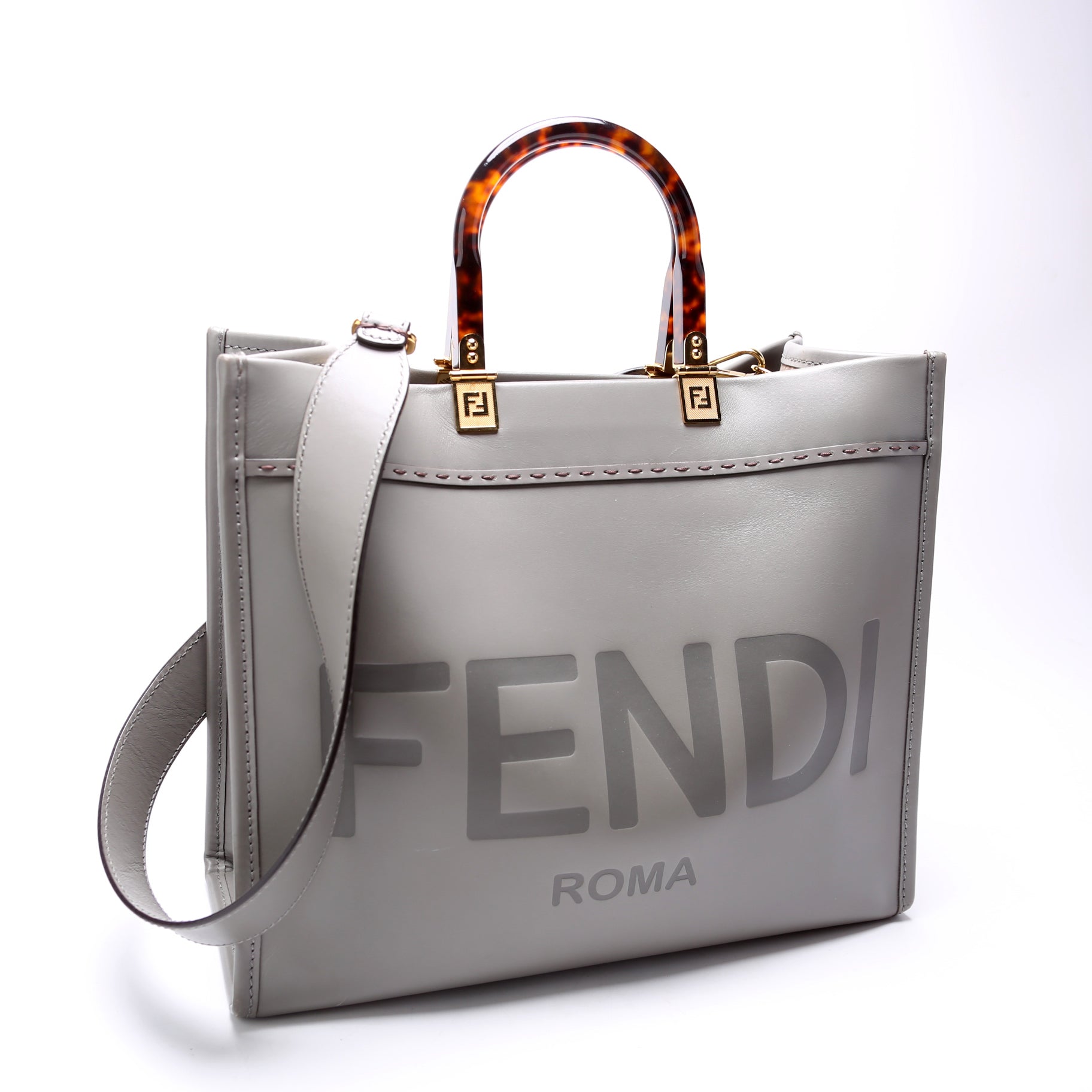 Fendi Sunshine Shopper Grey Bag Leather Gray Medium Travel Bag