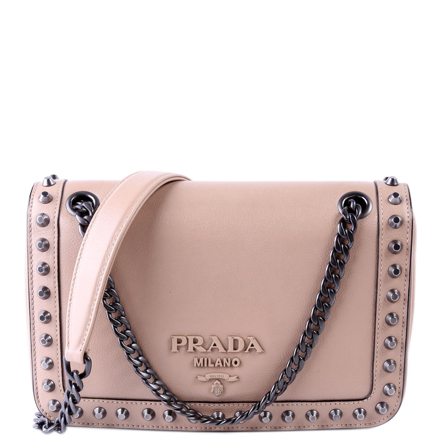 Prada Glace Calfskin Studded Crossbody Bag Tan