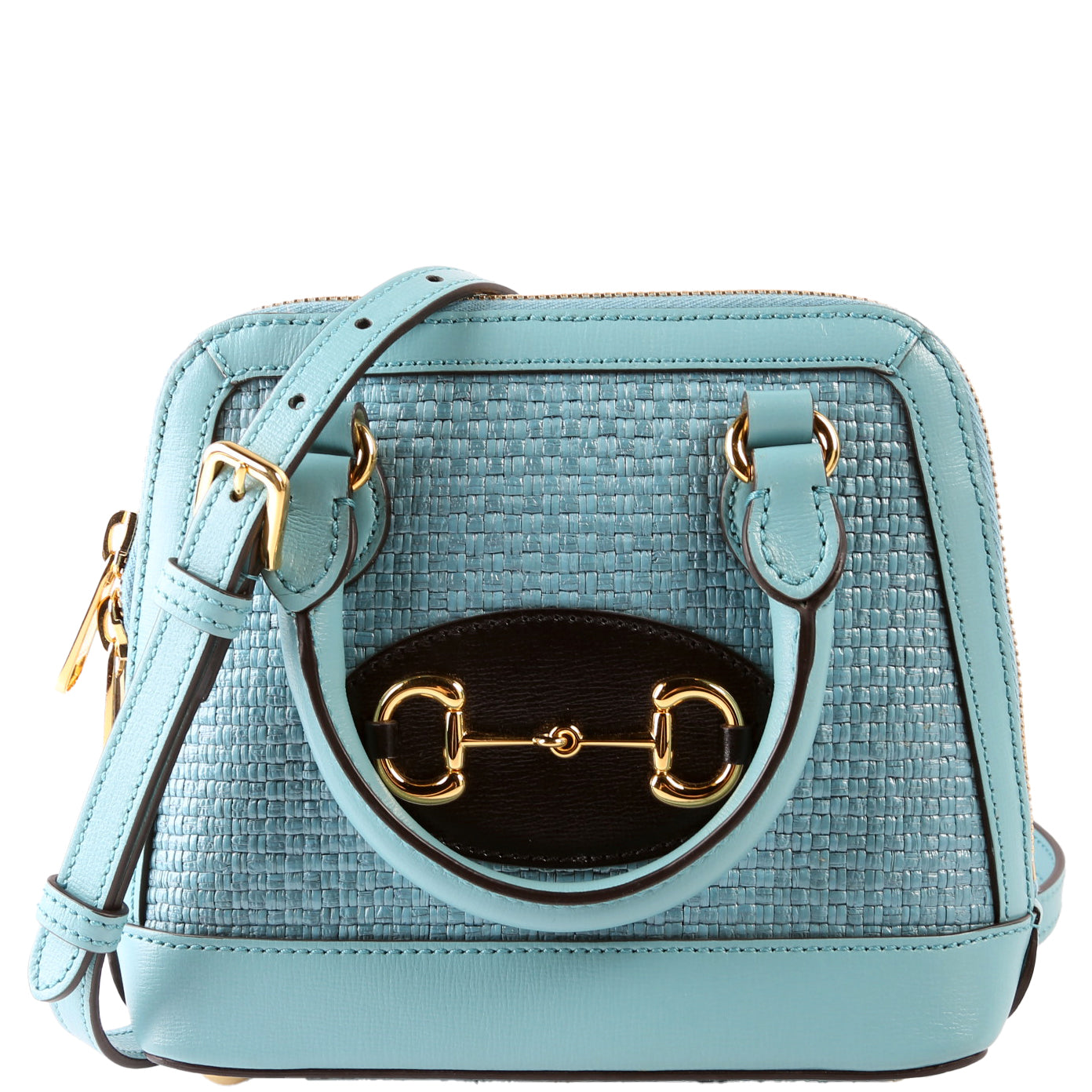 Gucci Horsebit Teal Raffia Mini Top Handle Travel Bag