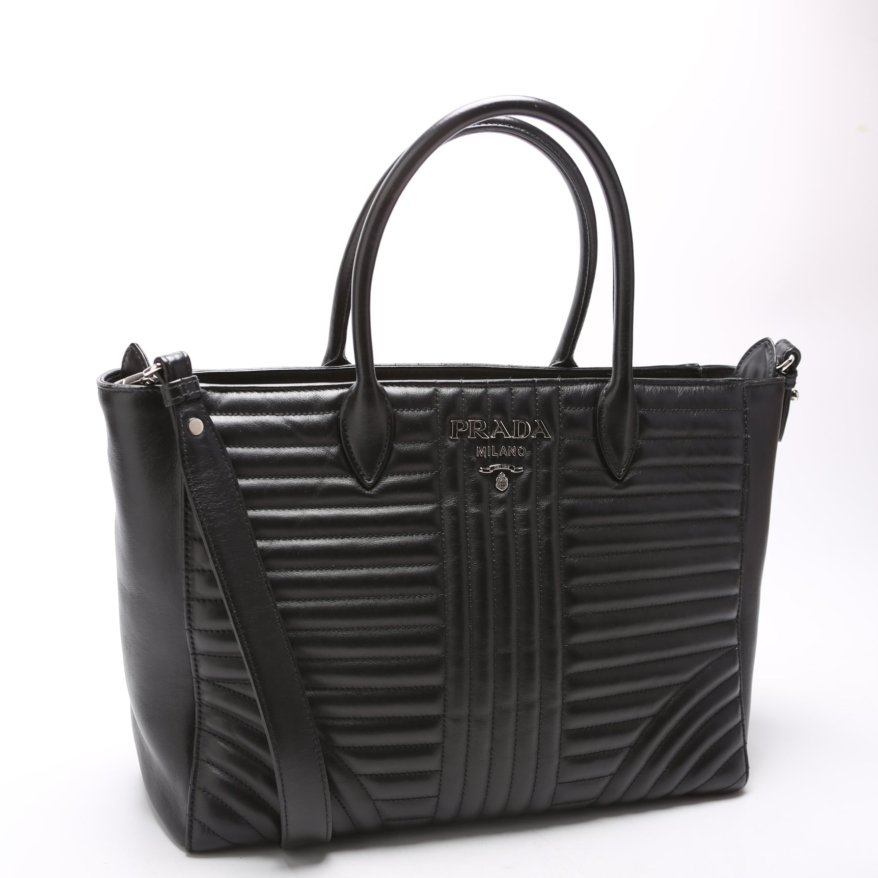 Prada Calfskin Diagramme Tote Bag Quilted Black