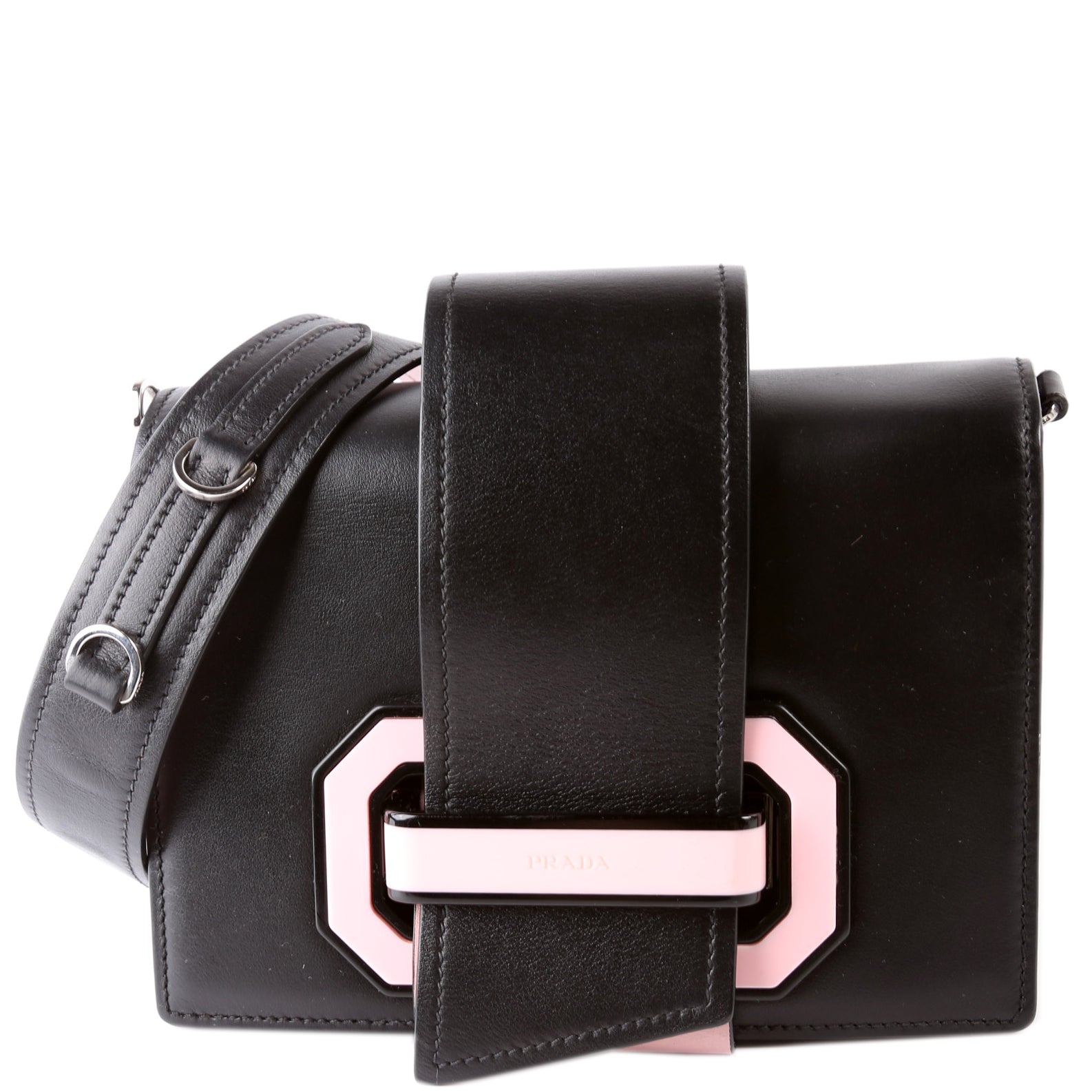 Prada City Calf Plex Ribbon Shoulder Bag Black Pink