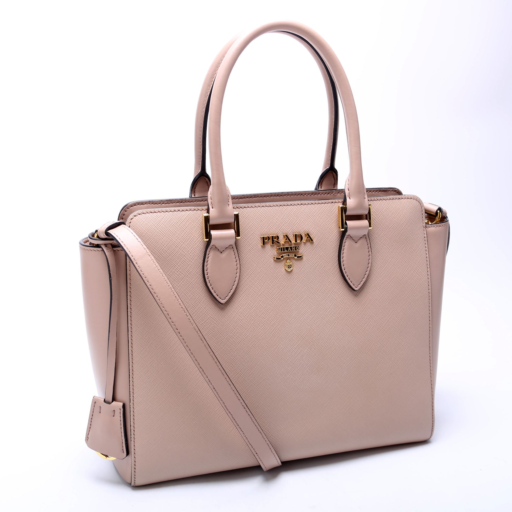Prada Saffiano Calfskin Top Handle Bag Tan Travel Bag