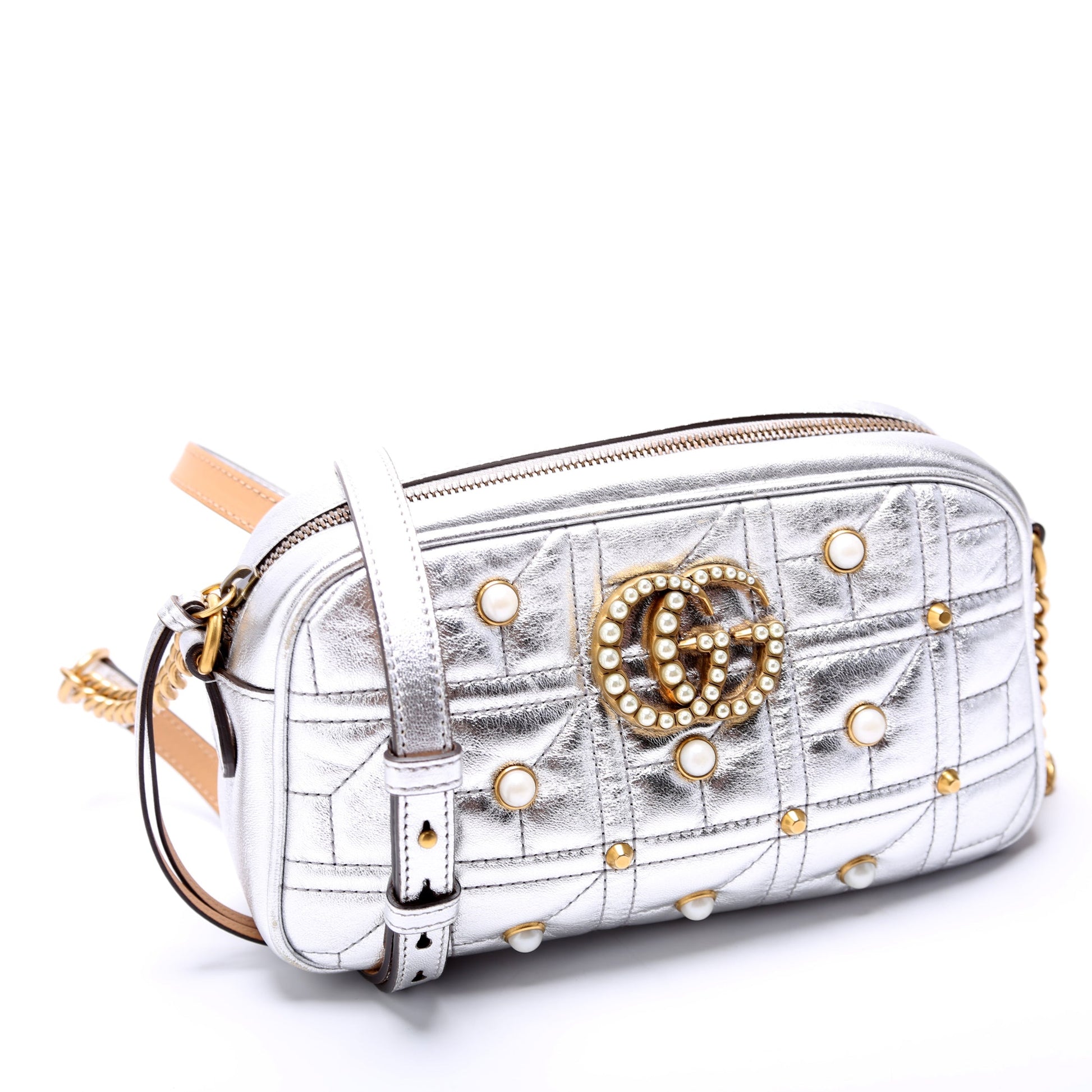 Gucci Marmont Pearl Camera Leather Silver Small Handbag