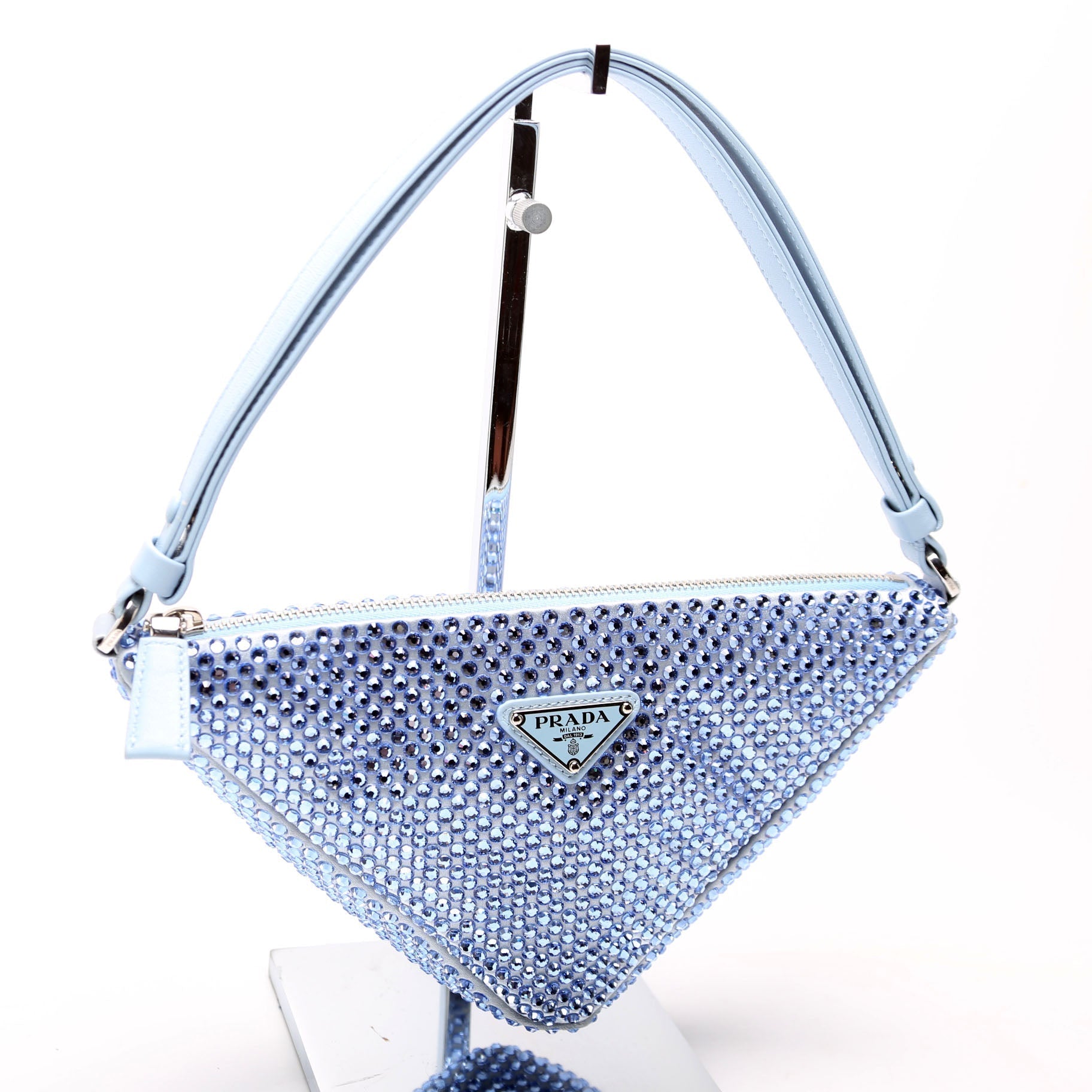 Prada Crystal Triangle Pouch Bag Satin Blue Travel Bag