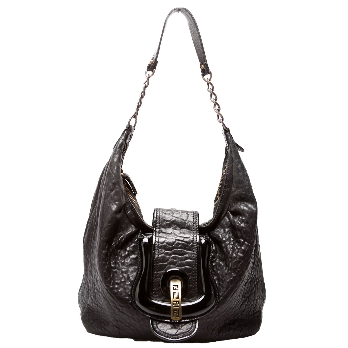 Fendi Nappa Buckle Hobo Bag Leather Black