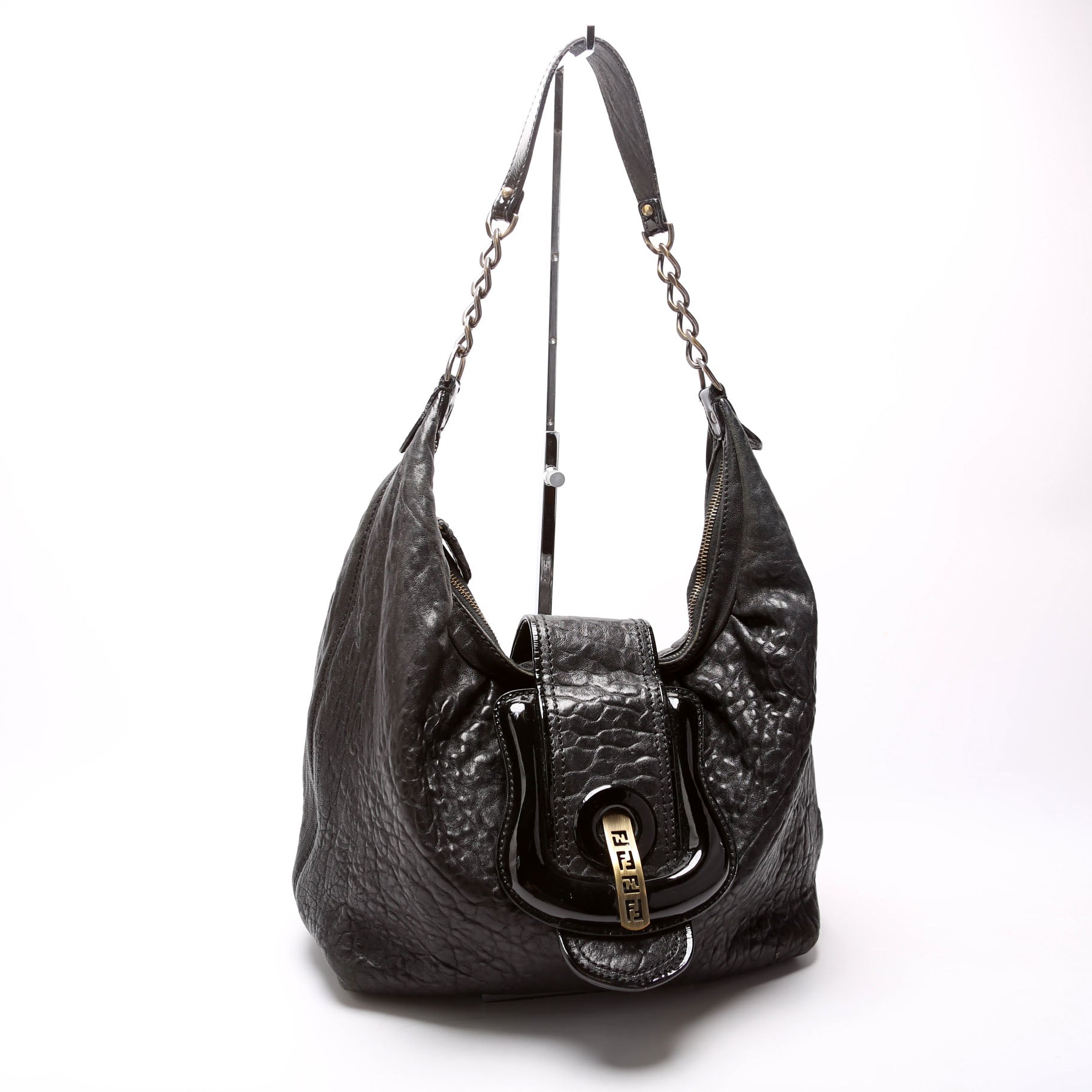 Fendi Nappa Buckle Hobo Bag Leather Black