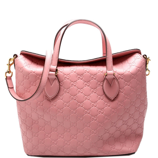 Gucci Signature Fold Over Leather Pink Tote Bag