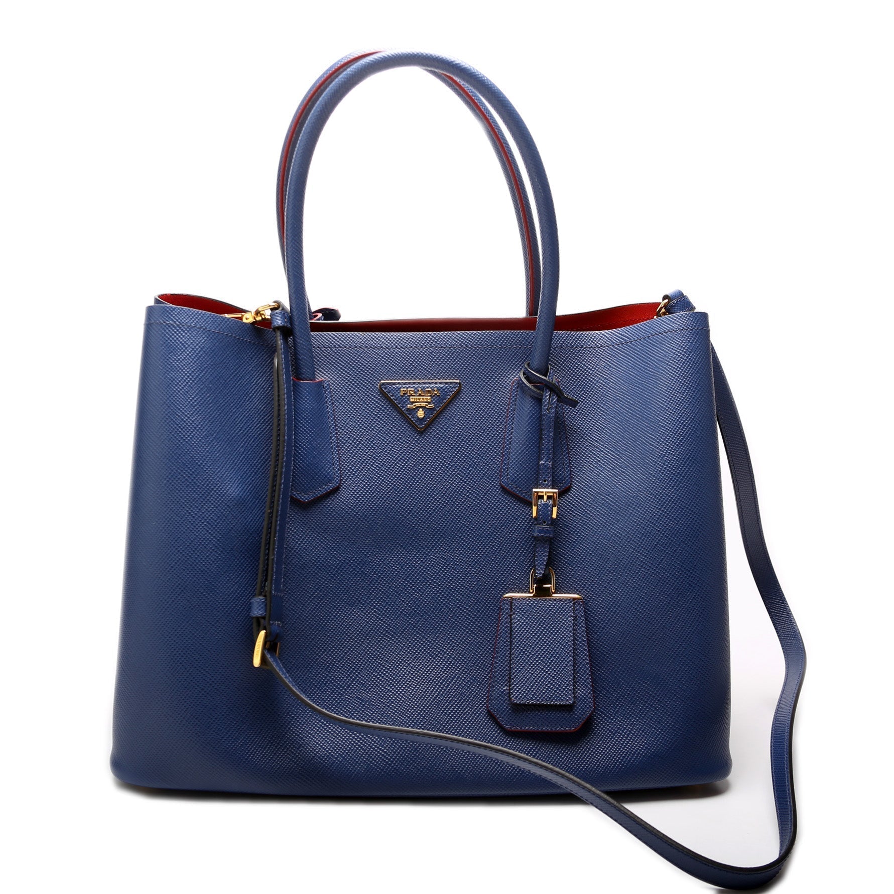 Prada Saffiano Cuir Double Bag Blue Large Travel Bag
