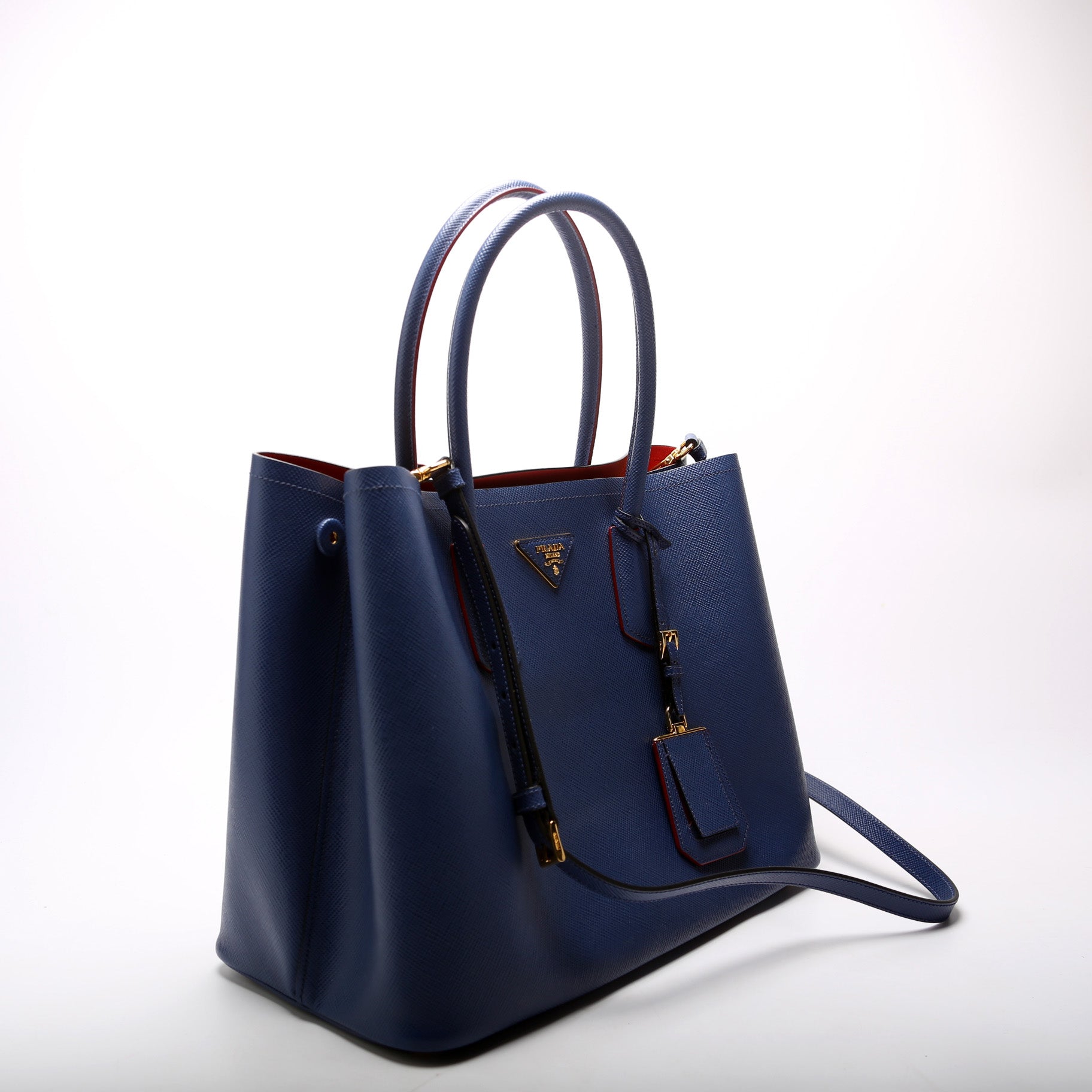 Prada Saffiano Cuir Double Bag Blue Large Travel Bag