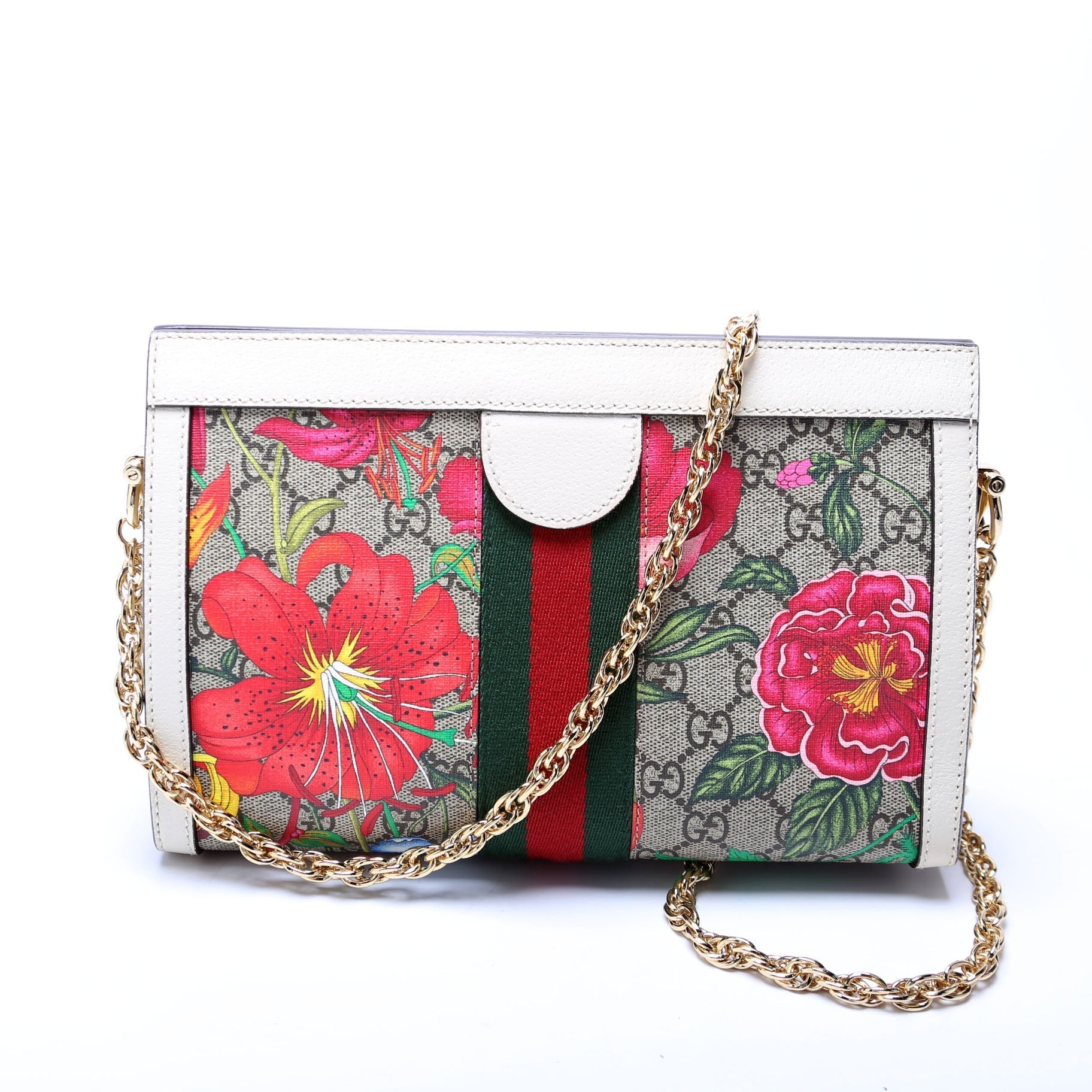 Gucci GG Supreme Flora Ophidia White Small Chain Handbag
