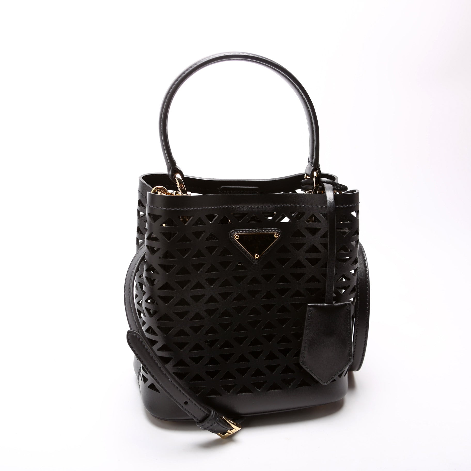 Prada Cut Out Motif Panier Bag Leather Black Travel Bag