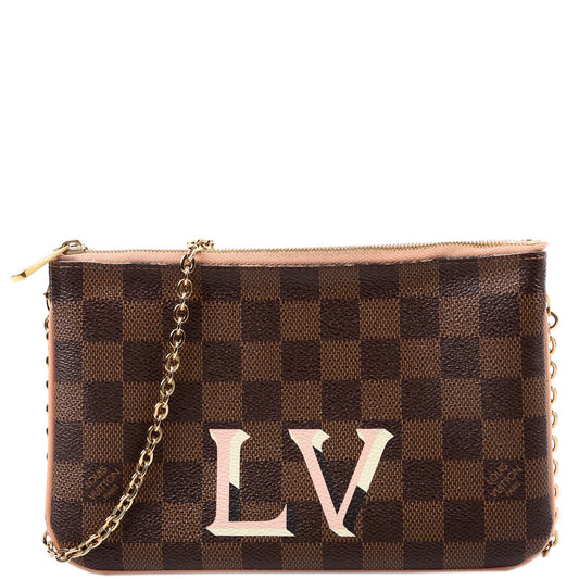 Louis Vuitton Double Zip Pochette Ebene Damier Pink Clutch Bag