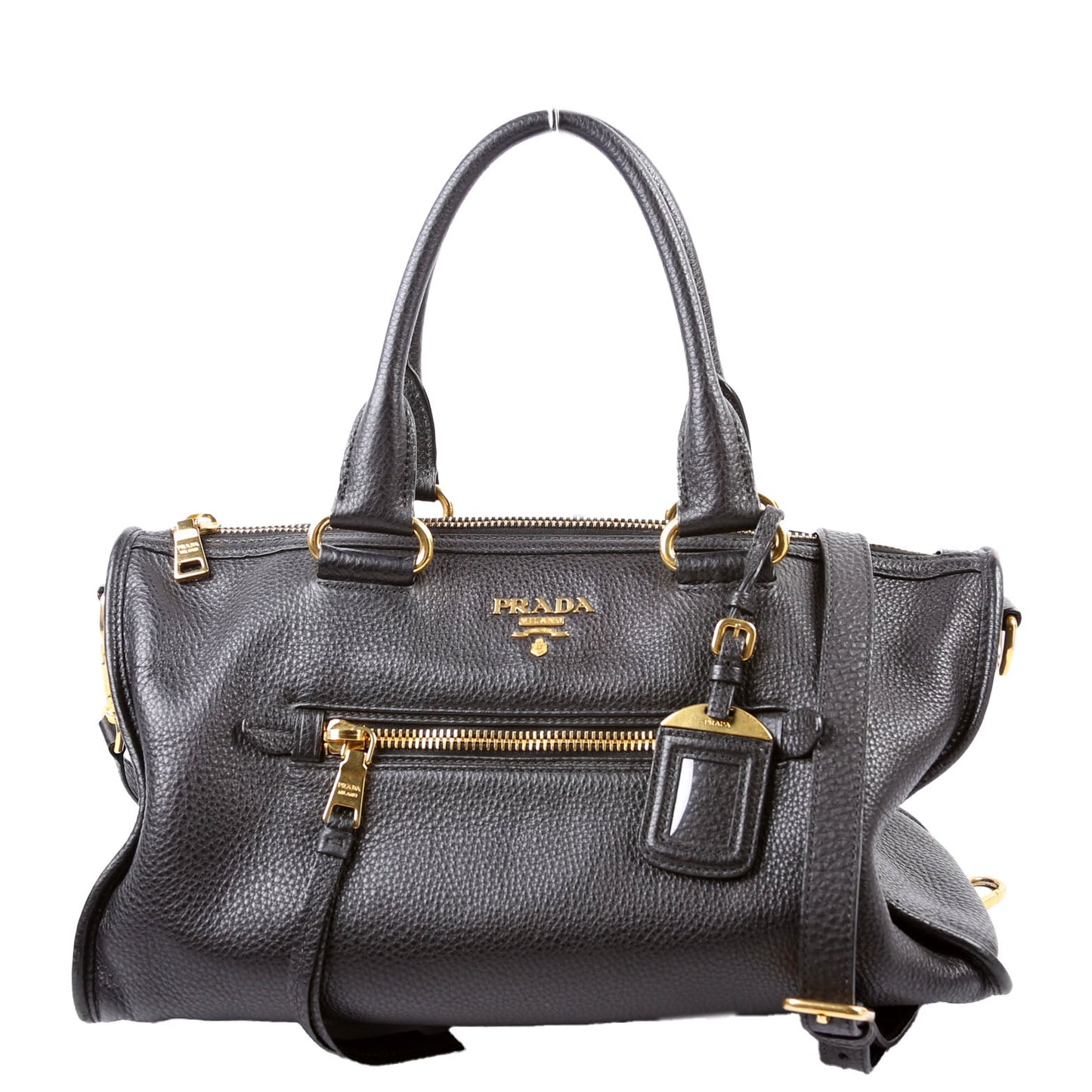 Prada Vitello Daino Zip Shopping Satchel Bag Black Large Travel Bag