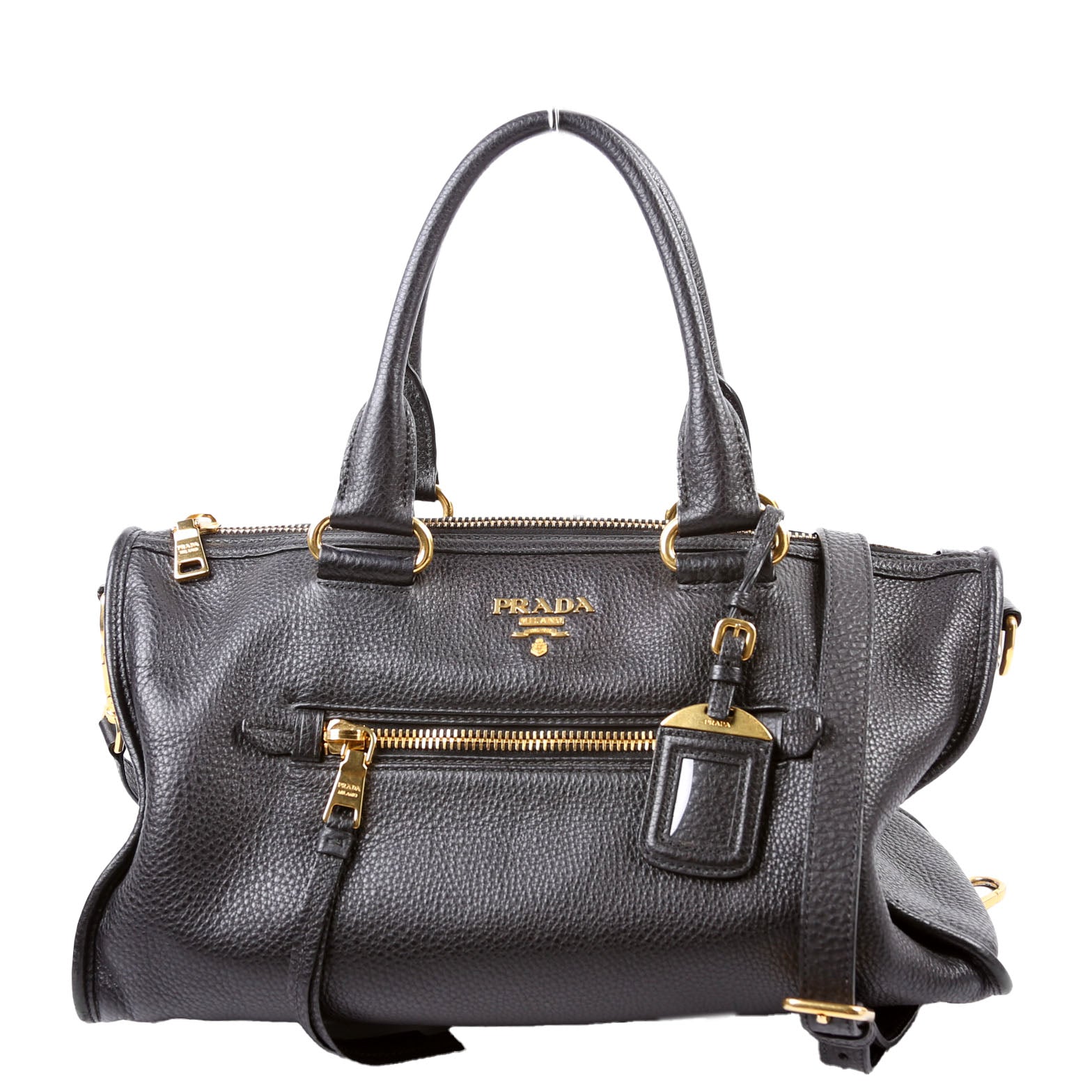 Prada Vitello Daino Zip Shopping Satchel Bag Black Large Travel Bag