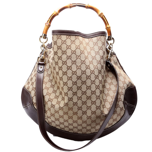 Gucci GG Peggy Bamboo Canvas Brown Shoulder Bag