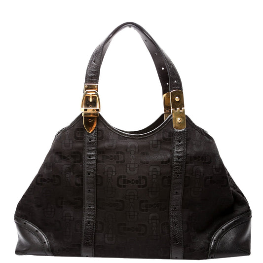 Gucci Horsebit Leather Canvas Black Shoulder Bag