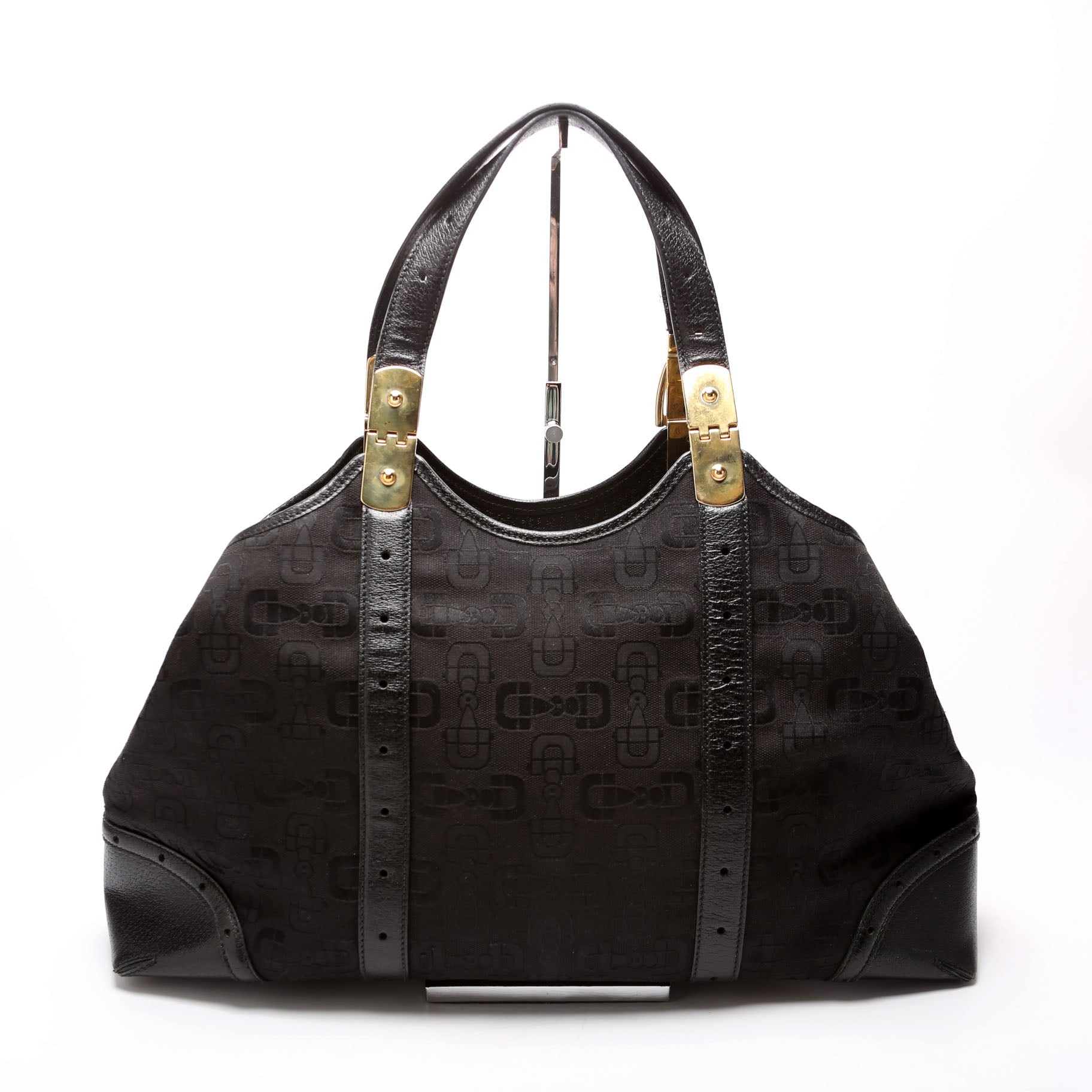 Gucci Horsebit Leather Canvas Black Shoulder Bag