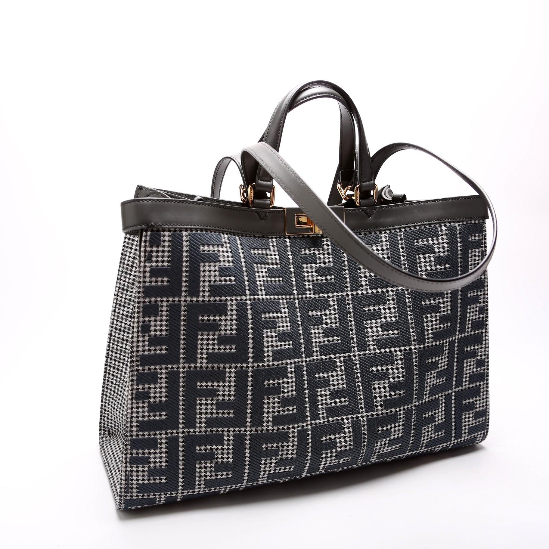 Fendi 8Bh374 Peekaboo Ff Wool Houndstooth Tote Bag Blue